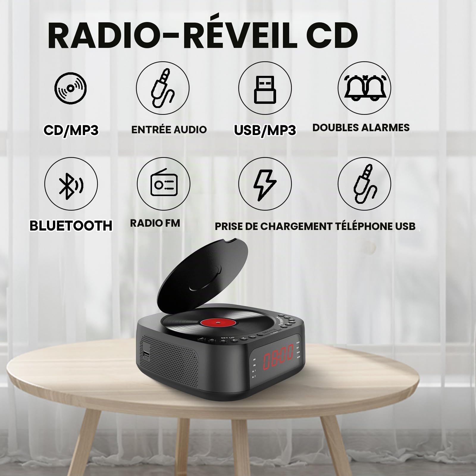 Radio Réveil Lecteur CD avec Télécommande, CD/MP3, Bluetooth, Radio FM avec Haut-parleurs, Chargeur USB, Écran LED Réglable, Double Alarme, Son en Option, CD Player pour Chambre
