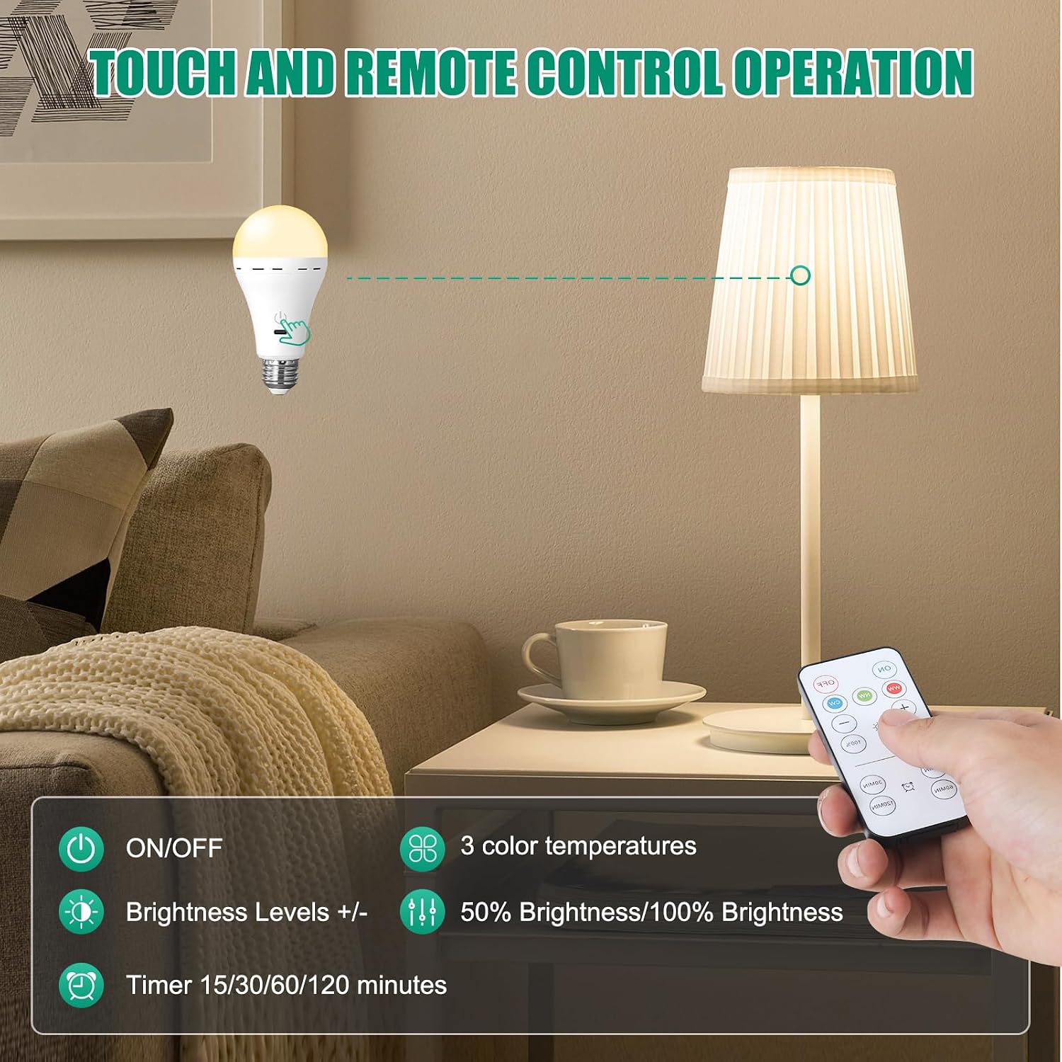 Bailoch Wireless Rechargeable Light Bulbs with Remote, 1Pack LED Cordless Battery Operated Light Bulbs for Lamps, E26 Battery Powered Magic Light Bulb with 300LM, 3 Color, Dimmable for Non-Hardwired image 5