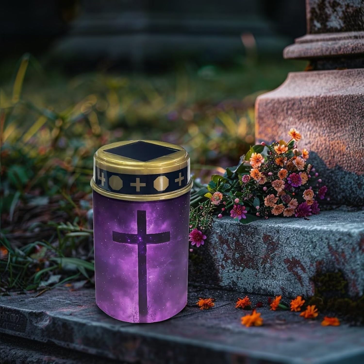 Poceacles Cross Solar Lights Pack of 6 Waterproof Solar Garden Lights Cemetery Solar Outdoor Lights Outdoor Stake Automatic Solar Lantern for Cemetery Grave Decoration, Cross Galaxy Violet