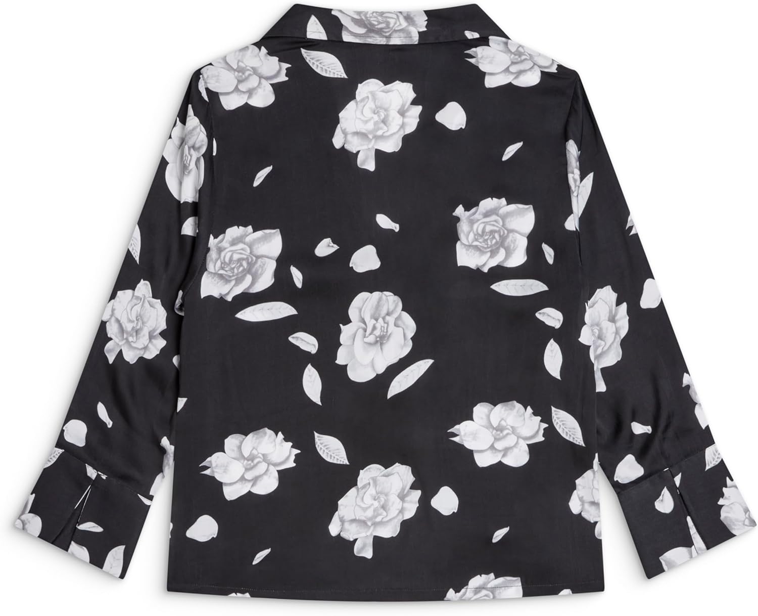 Luxury Satin Loungewear Pajama Top with Lapel Collar & Tie Front Closure in Black & White Gardenia Flower Print - Image 4