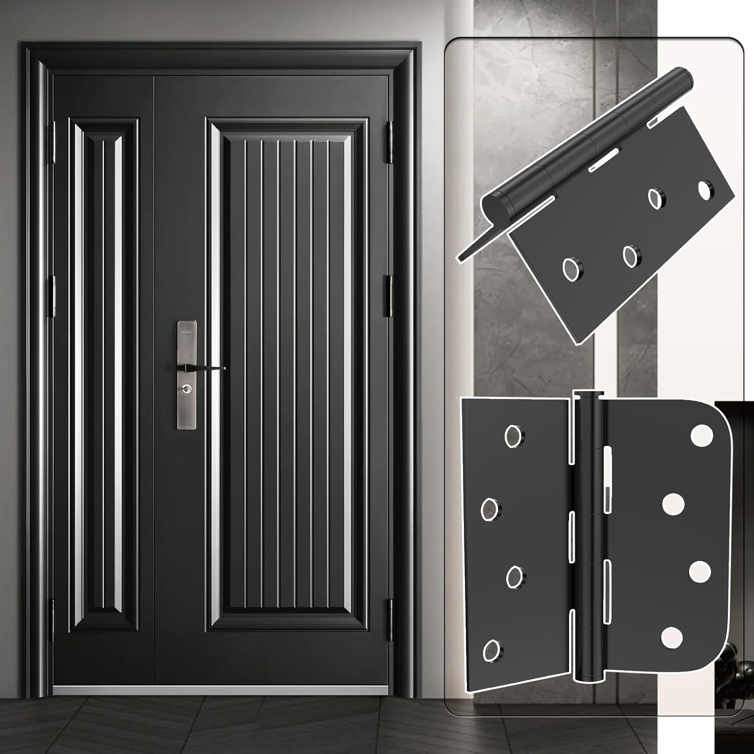 Door Hinge, 3-Pack Matte Black Door Hinges 4-inch Stainless Steel Hinges Ball Bearing Silent Hinge Interior Door Hinges with Square Rounded 5/8-inch Radius Corner Heavy Duty Hinges