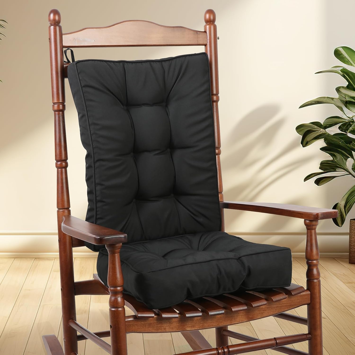 RACE LEAF Rocking Chair Cushion Set - High Back Memory Foam Patio Chair Cushions with Non-Slip Design & Ties, Indoor/Outdoor Rocker Pads, Black