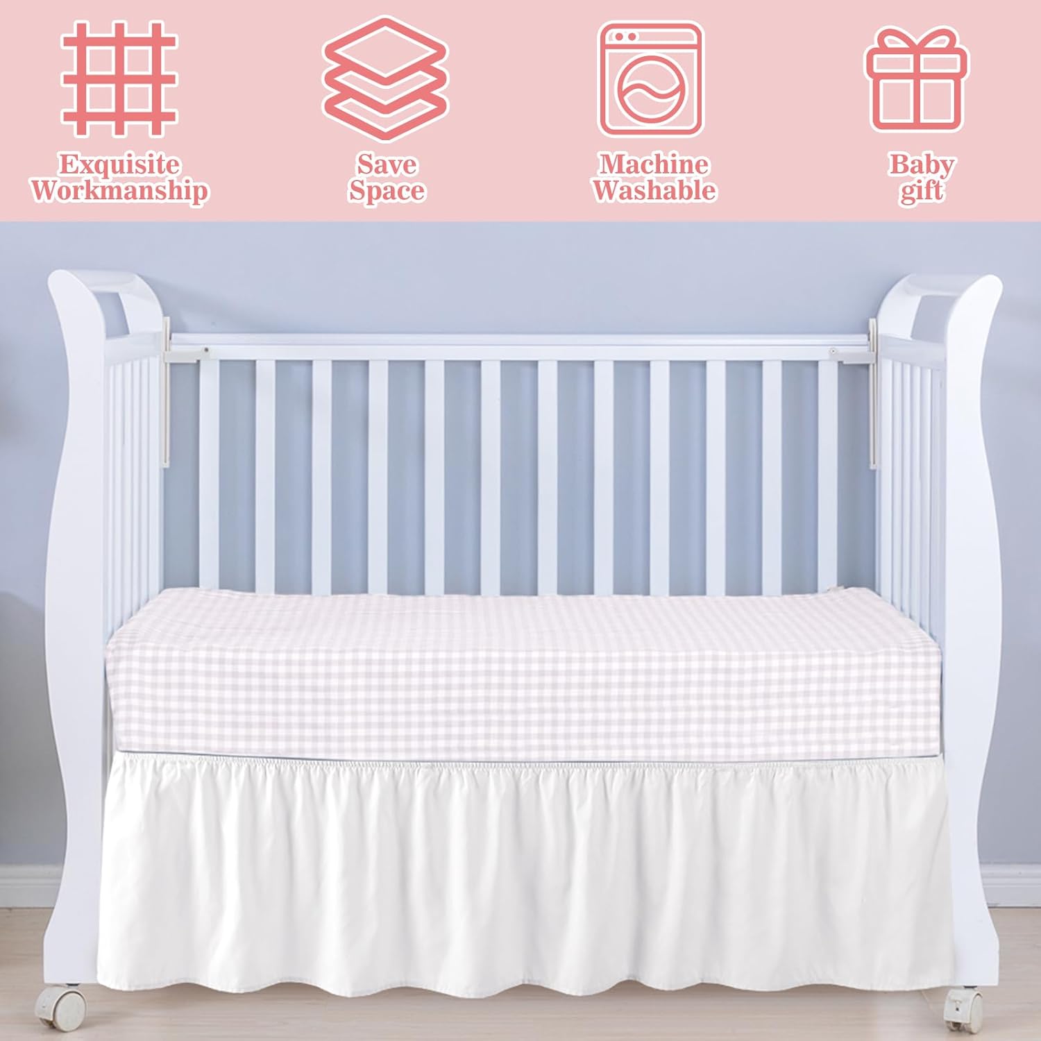 SmoothNovelty White Crib Bed Skirts with 4 Large Cot Bow 28" x 52" Baby Crib Skirt for Boys Girls Nursery Toddler Bedskirt Dust Ruffle 14" Drop(Ruffle)