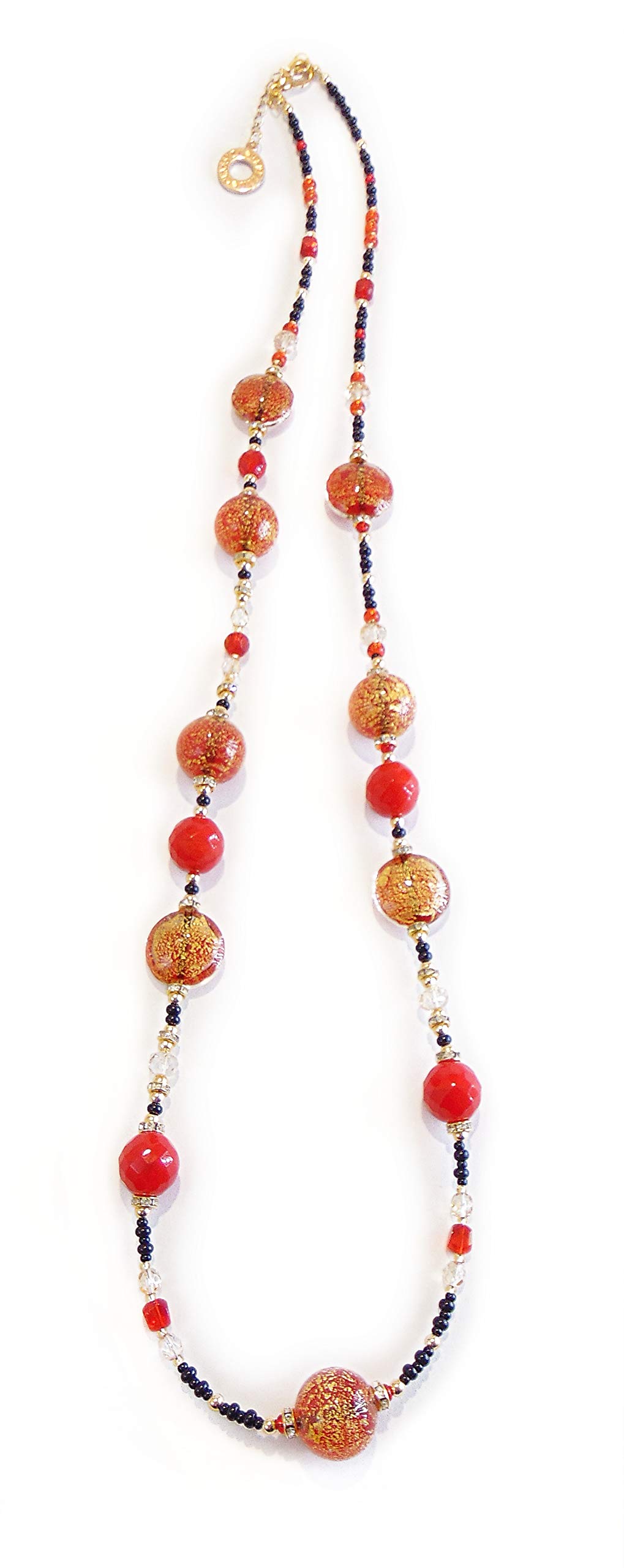 Collana Girocollo In Vetro Di Murano – Collezione Gloria – Rosso Con Foglia Oro 24kt – Perle Da 10 A 25mm – Made In Italy – Con Scatola Regalo