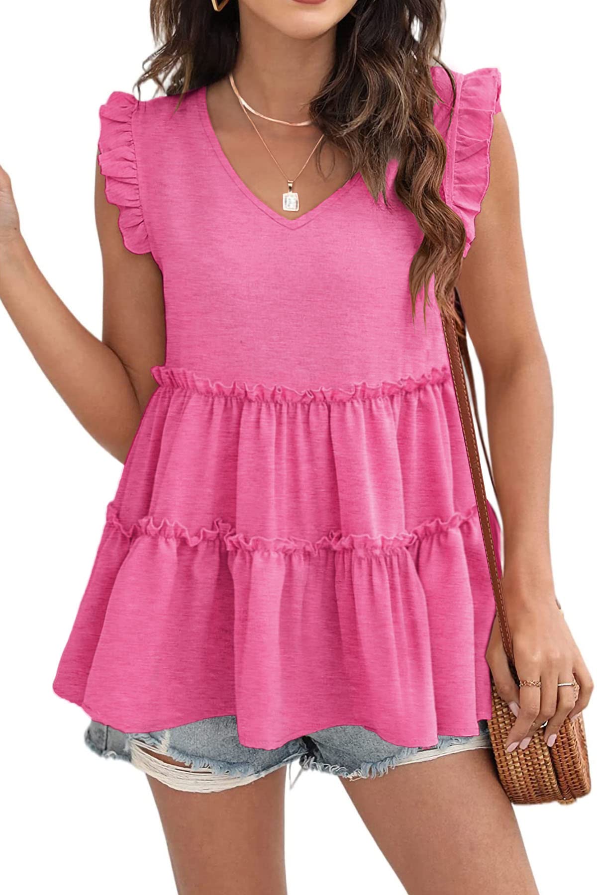 Womens Babydoll Tank Tops V Neck Ruffle Sleeve Pleated Peplum Shirts Summer