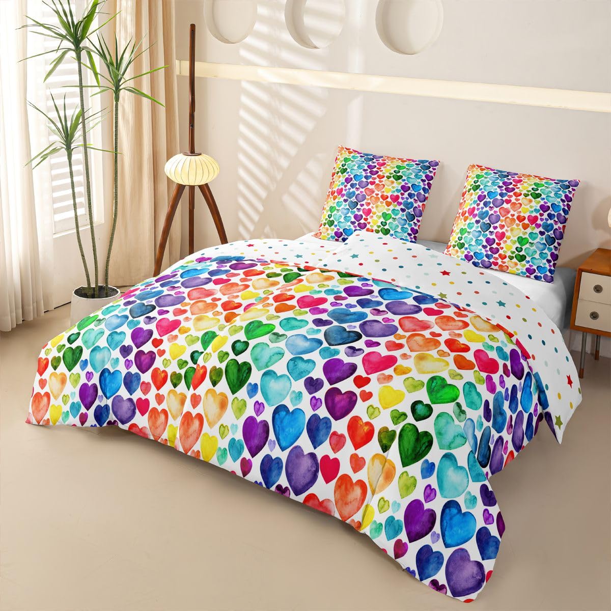 Homemissing Liebesherz Bettwäsche Pärchen Buntes Liebesherz Muster Bettwäsche 155x220 4teilig Regenbogen Herz Bettwäsche-Set 4-TLG., 2 Bettbezüge 155x220 cm und 2 Kissenbezüge 80X80 cm