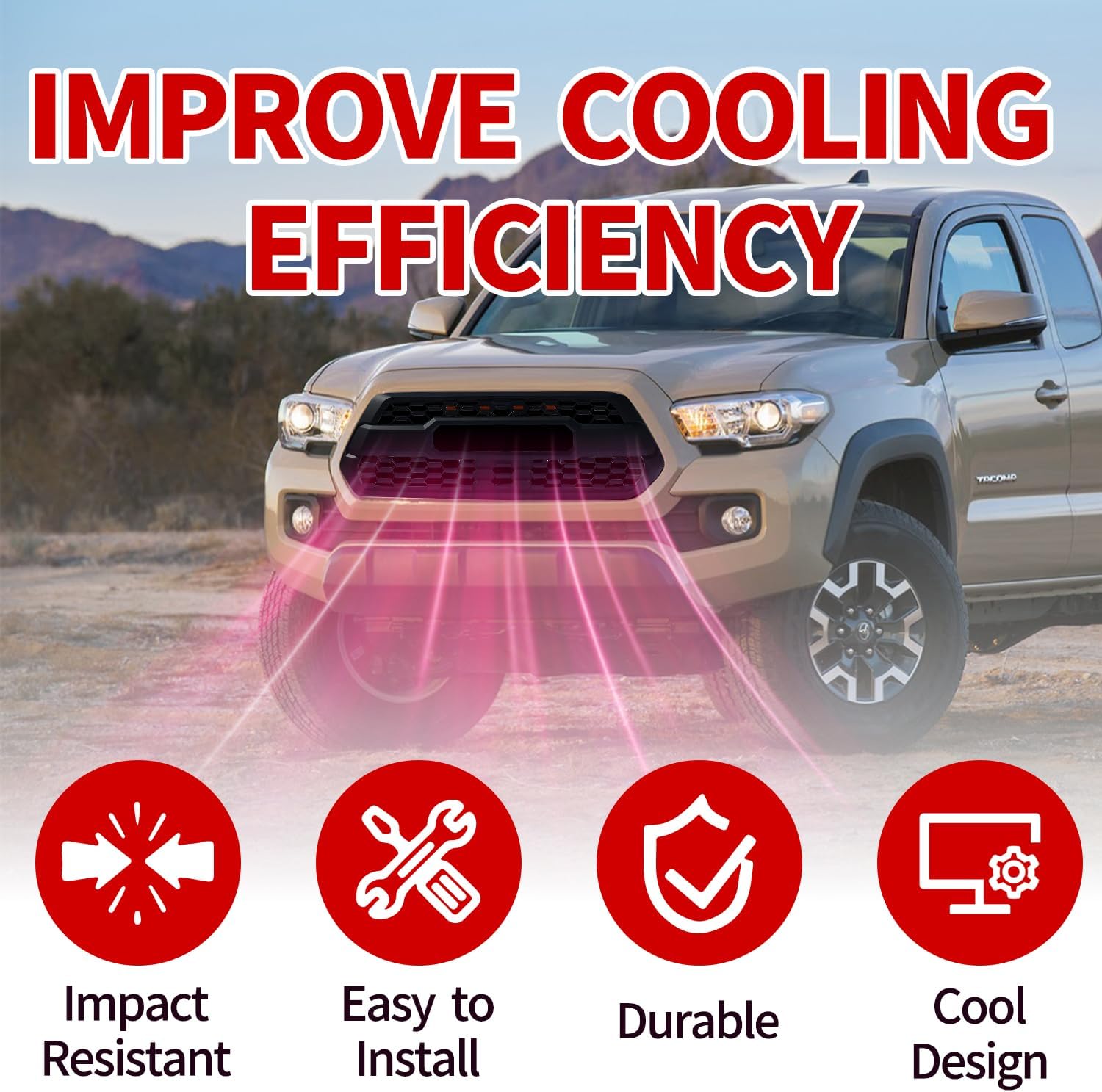 Front Grille for 2016-2023 Tacoma SR, SR5, TRD Off-Road, TRD Sport Extended Cab & Crew Cab, Front Bumper Mesh Grill Replacement with 4 LED Lights Accessories, Easy to Insatll, Matte Black