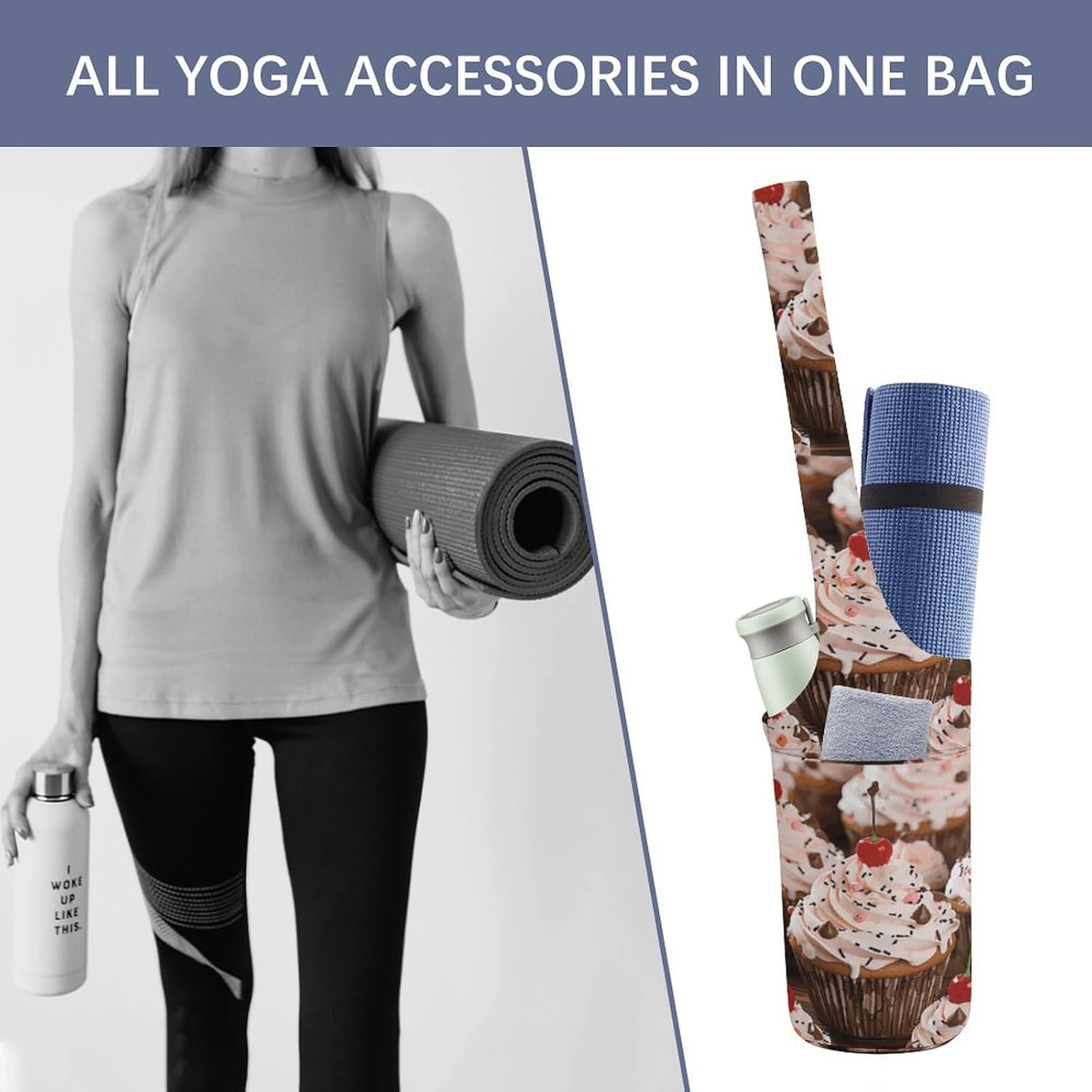 Canvas Yoga Bag,Cupcake And Muffin Printed Yoga Mat Handbag,Portable Yoga Mat Bag Large Capacity Gym Bag for Men Women Pilates Beach Travel