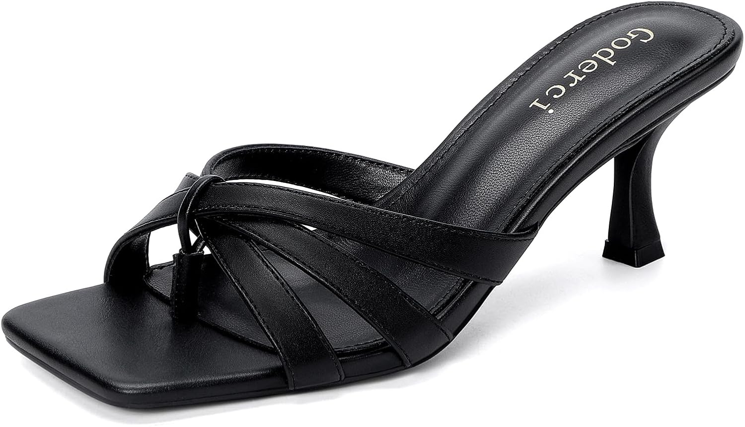 Goderci Kitten Flip Flop Heels for Women Strappy Mule Heels Mid Square Open Toe Slip On Heeled Sandals