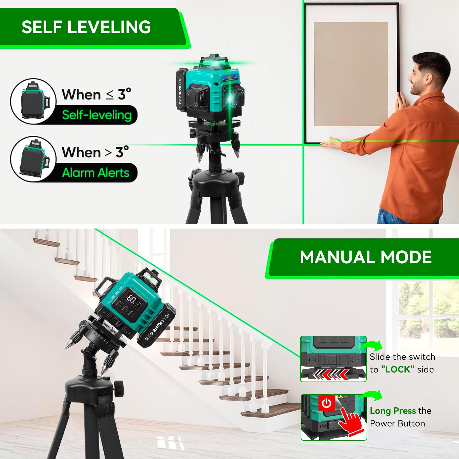 4 x 360° Laser a Linee Incrociate con Treppiede - Laser 4D Multifunzionale con 16 Linee,Macchina Autolivellante, Dispositivo di Livellamento con 3600 mAh Batteria,per Cantieri,Interni