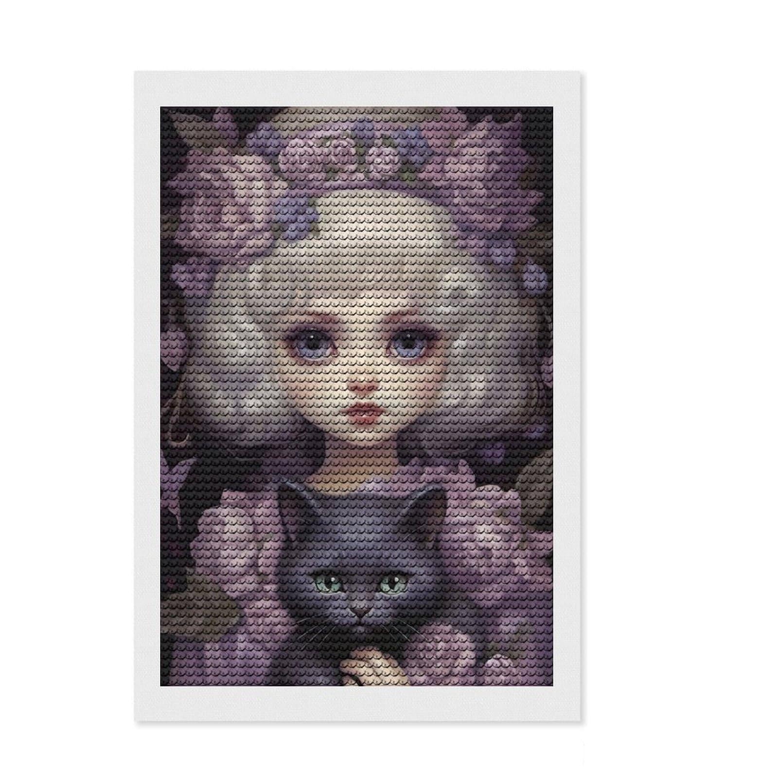 Junmoney Fantasy Cat Lady Diamond Painting Canvas Set 8"x12", Neat Printed Canvas, Creative Leisure Activity, Cosy Home Accent