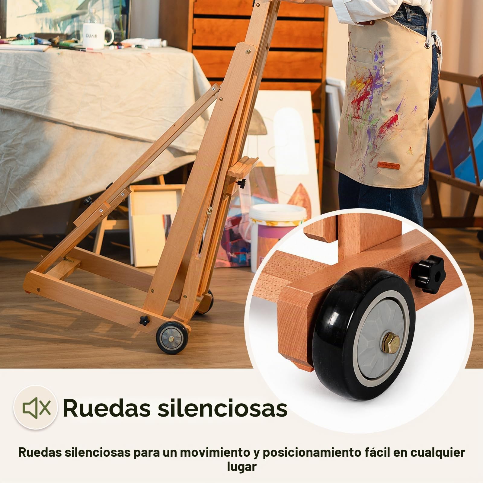 DJAR Caballete de Estudio Grande en H, Caballete de Suelo Ajustable de Madera de Haya Maciza, Inclinable Plano, Soporta 1 o 2 Lienzos hasta 198 cm