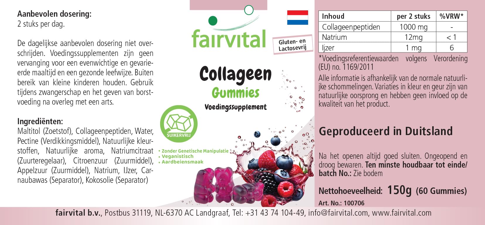 Fairvital | Żelki kolagenowe – 60 sztuk – 1000mg w dziennej dawce – z sodem i żelazem – wysoka dawka – bez cukru – sprawdzona jakość i wysoka dawka – wyprodukowane w Niemczech