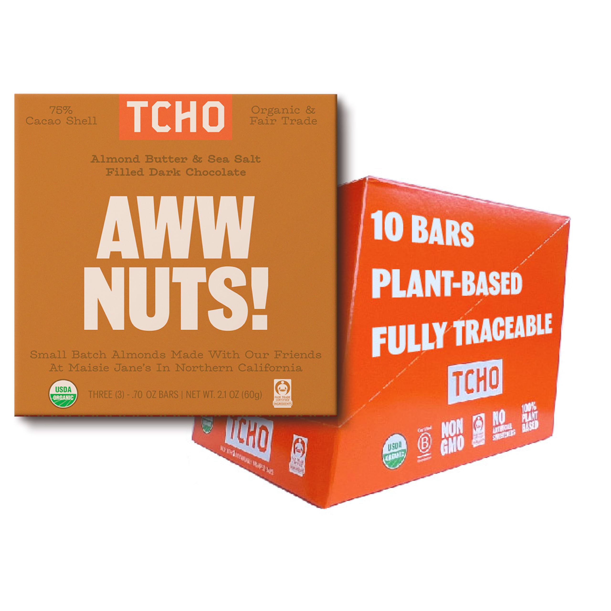 Aww Nuts! 75% Dark Chocolate Bars (10 pack) | Plant Based, Organic & Fair Trade | Non GMO, Non-Dairy, Vegan Chocolate, Soy Free (2.1oz each)