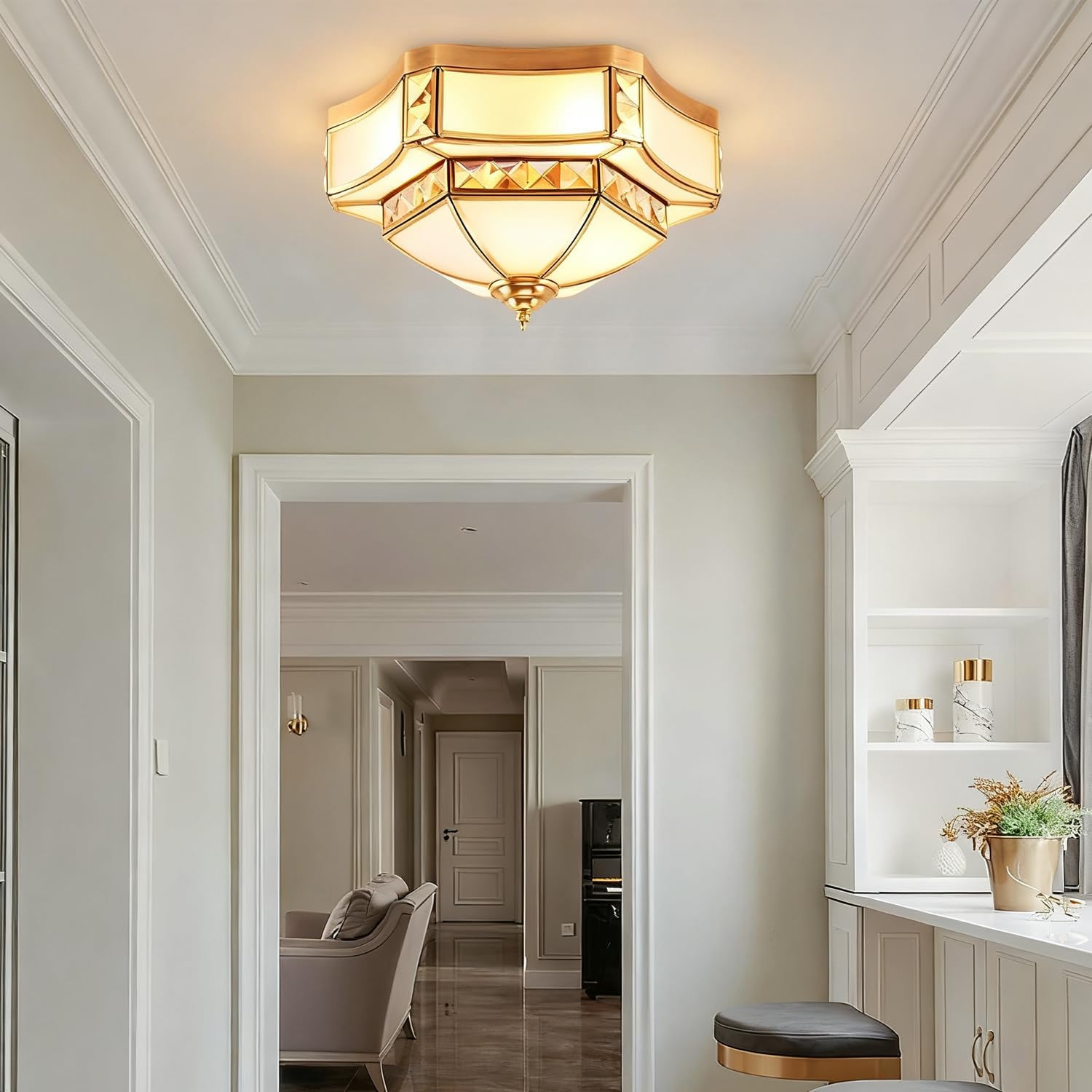 MIXL-Vintage Gold Flush Mount Ceiling Light,3-Lights Ceiling Light Fixtures with Glass Lampshade, Antique Brass Light Fixture, Mid Century Gold Ceiling Lamp for Bedroom Living Room Hallway