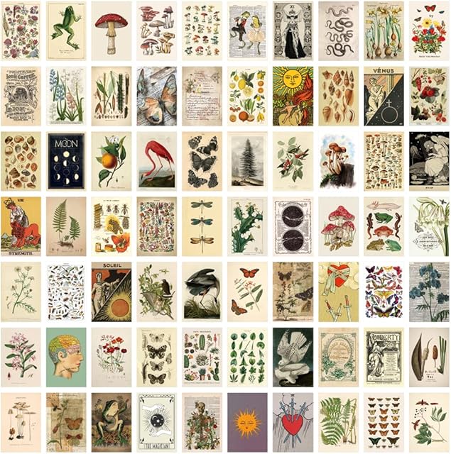 Upriver 70Pcs Wall Collage Kit Vintage Aesthetic Posters Room Decor 4x6 inch Flora & Fauna Wall Art Prints for Bedroom, Aesthetic VSCO Picture Wall Collage, Retro Room Decor for Boys Girls