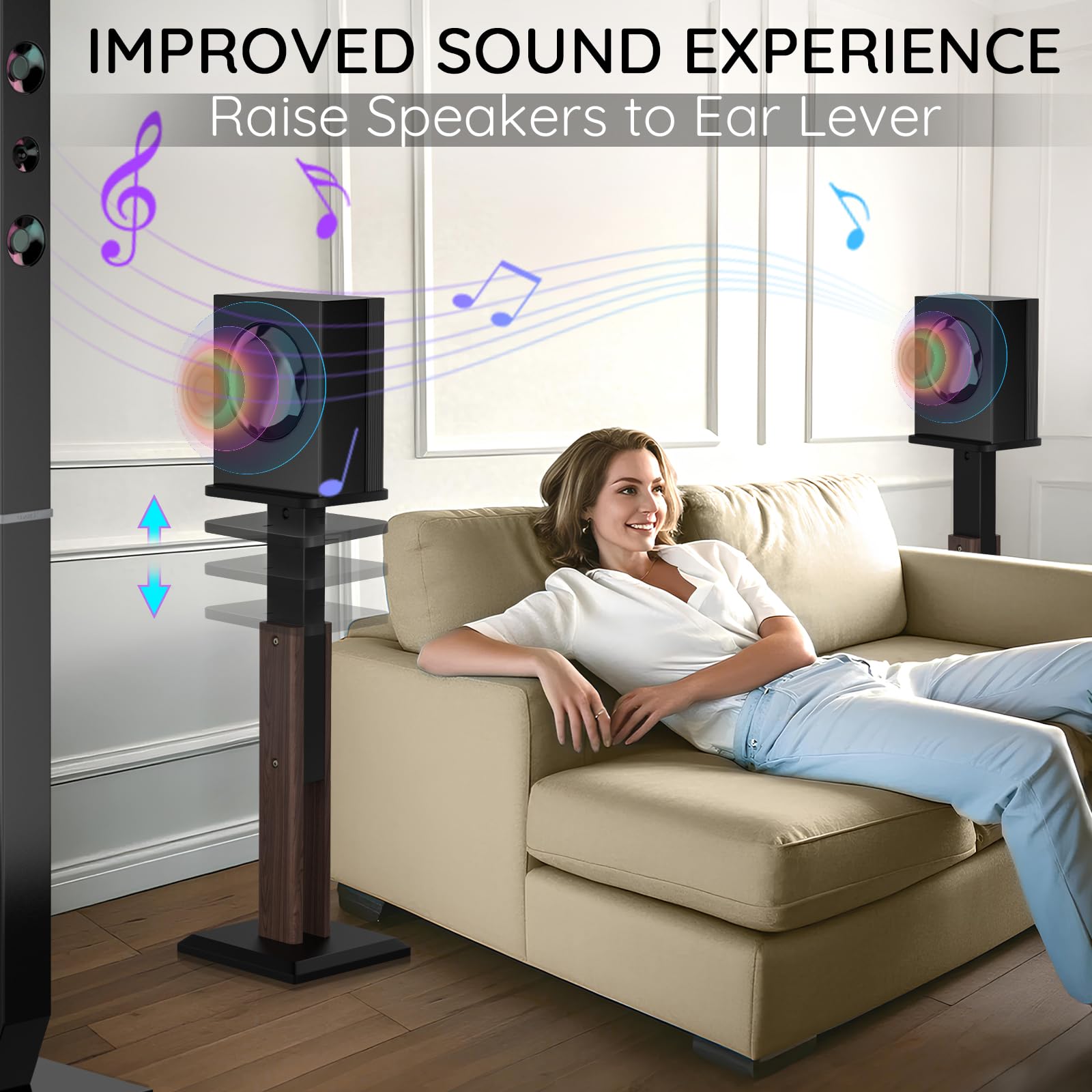 Paire de supports de haut-parleurs en bois de 63 à 84 cm réglables en hauteur (63 à 84 cm), supports universels pour haut-parleurs de bureau, support de moniteur, expérience d'écoute audio améliorée