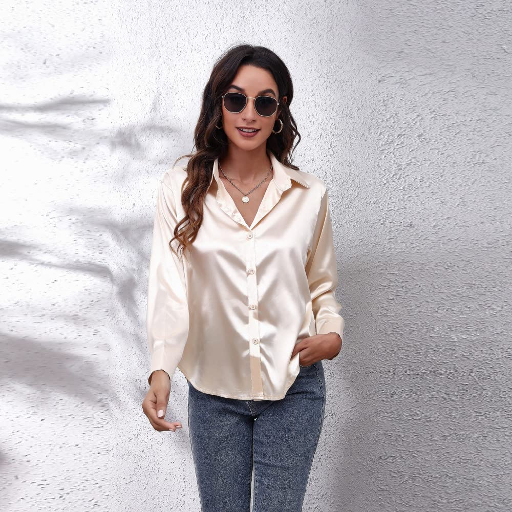 Elegantes Lässiges Langarm-Top,Damen Satin Bluse Shirt Champagner Langarm Vintage Mode Seidenhemden Business Hemd Mit Knopf Sexy Party Tops Lässige Arbeit Bürobluse Für Mädchen Damen