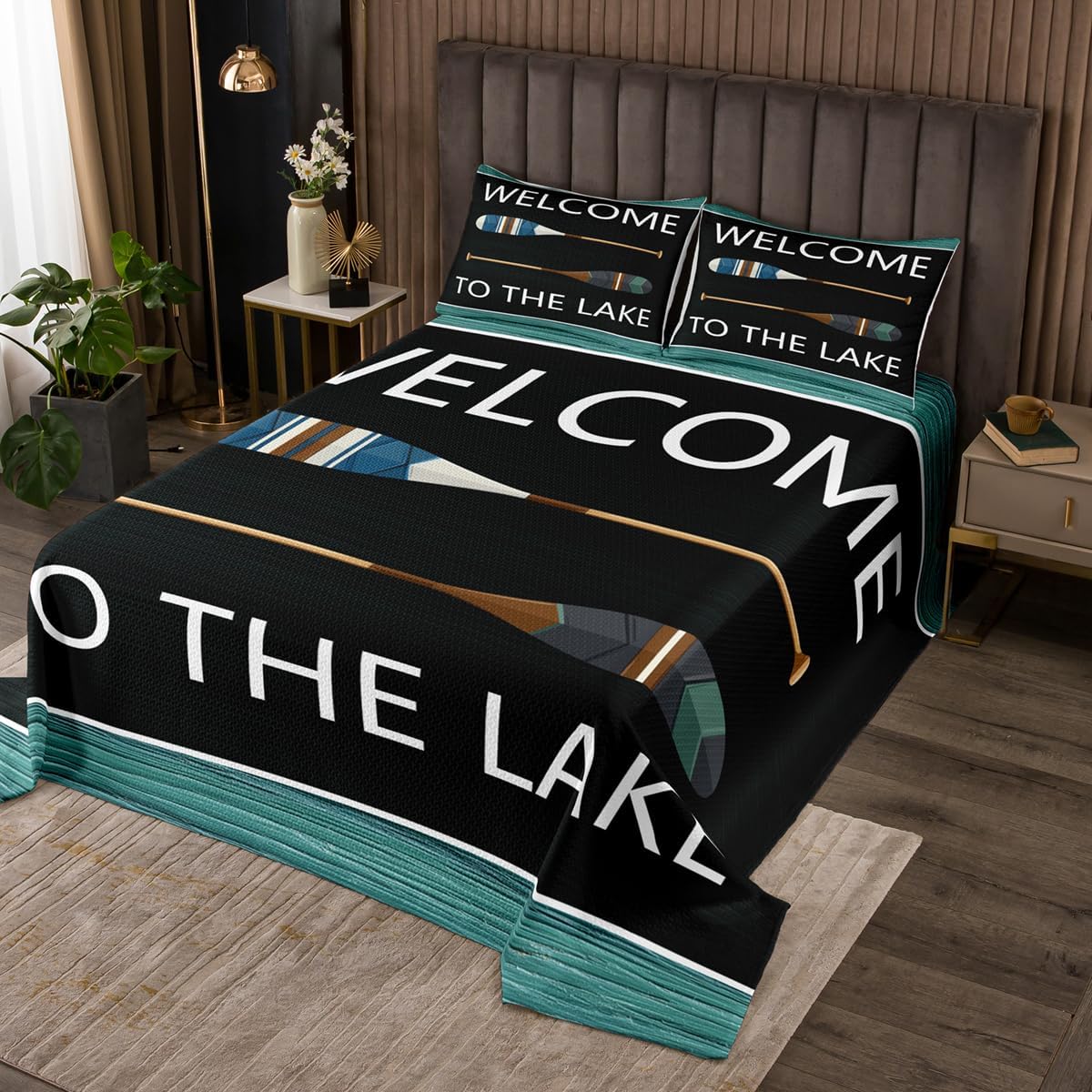 Lake Paddles Bedspread Set Queen Size for Kids,Boys Girls Lake Theme Quilt Set Rustic Farmhouse Bedspread Coverlet Vintage Wood Pattern Bedspread 3 Piece Decorative Bedding Quilted with 2 Pillow Shams