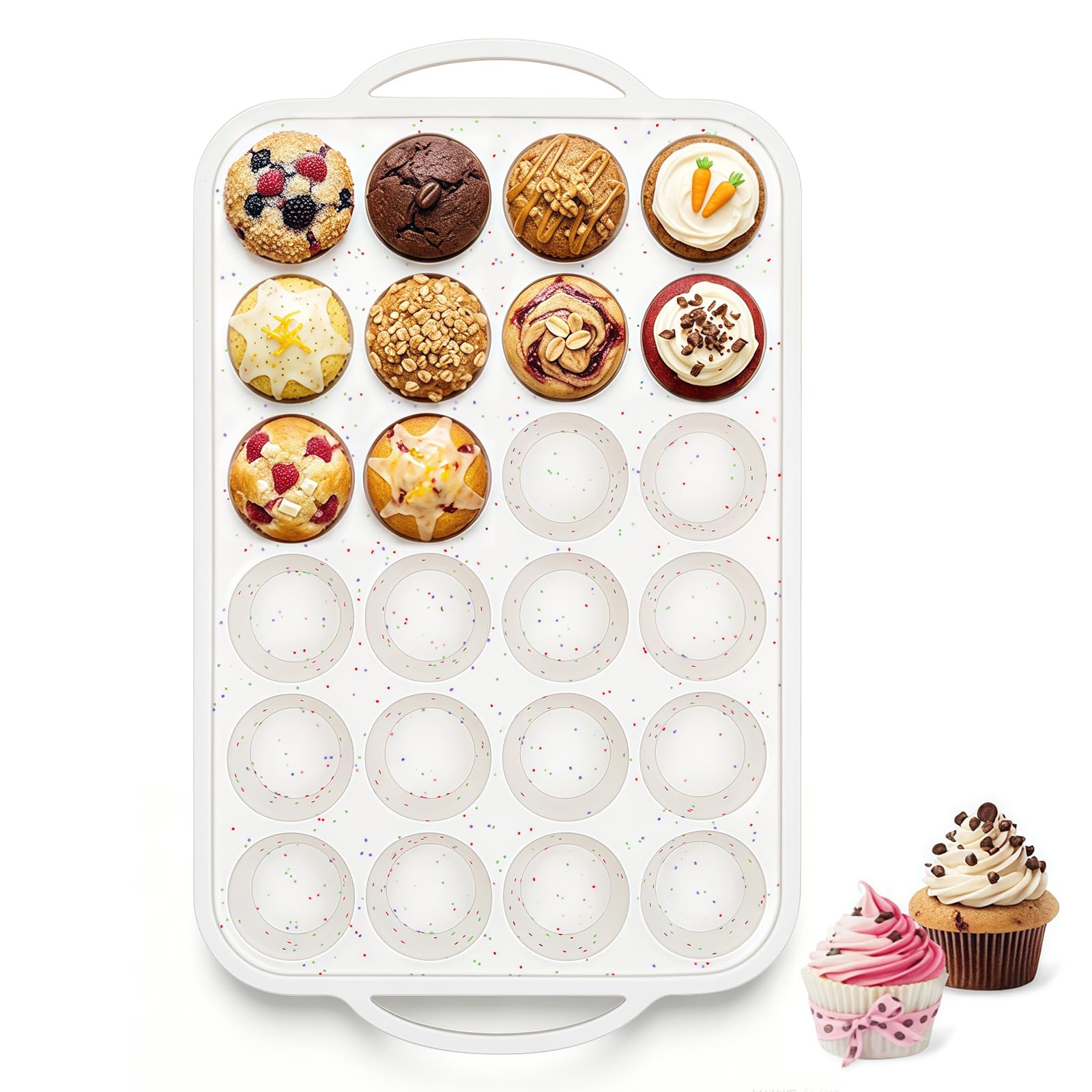Vinino Mini moule à muffins avec cadre renforcé en métal, moule à cupcakes en silicone pour 24 tasses, mini taille, moule à muffins en silicone sans BPA, passe au four et au lave-vaisselle, crème