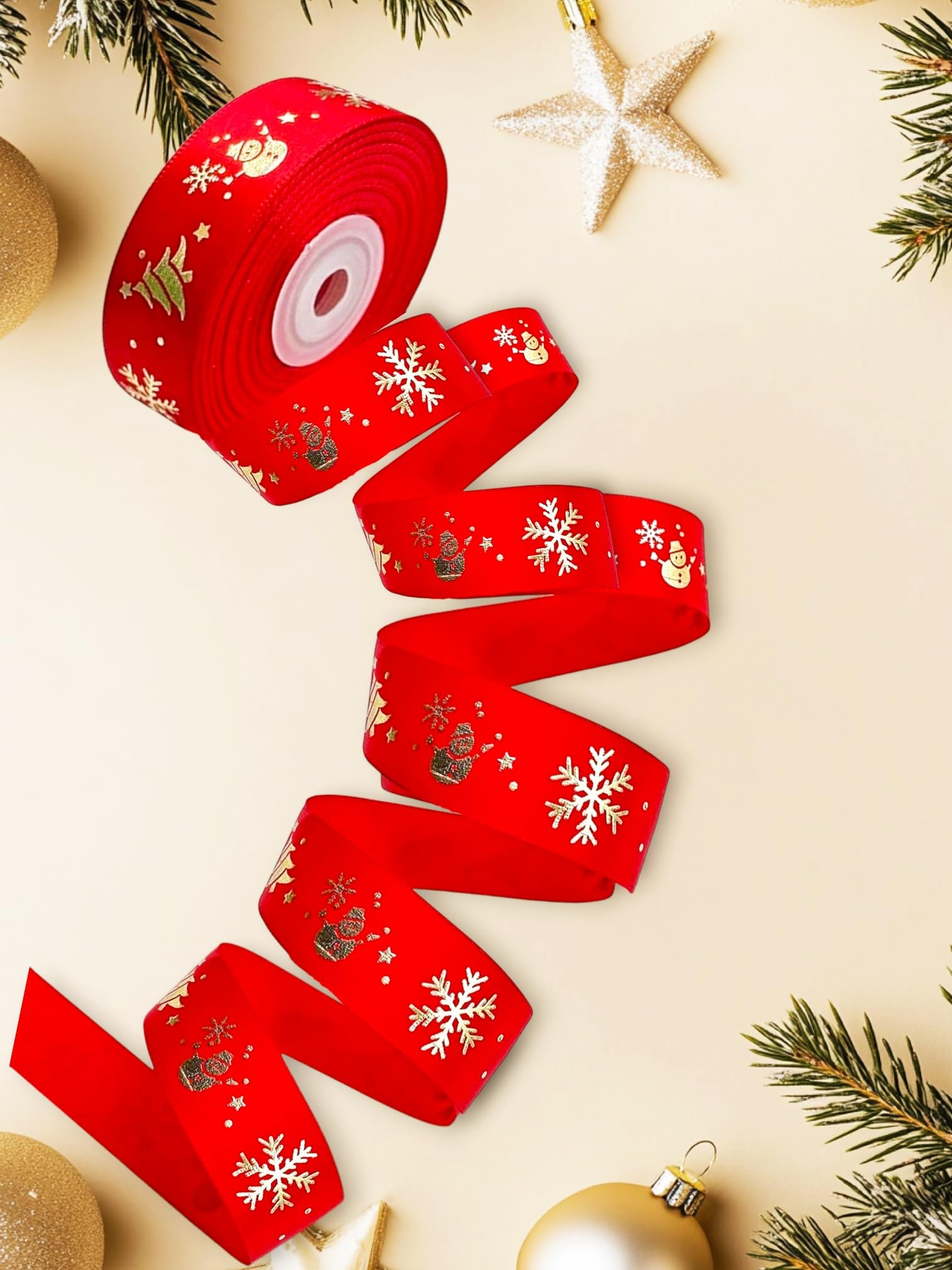 Kapoor Crafts 9 Meter Christmas Ribbon Xmas Ribbonn Fabric Decoration for Gift Wrapping, xmas Ornaments Items, Gift Bows, Christmass Sewing Packing, Christ mas Tree Decorations Material Xmas DecoRation Ribbonn Christ mas Craft Ribbons (1 inch)