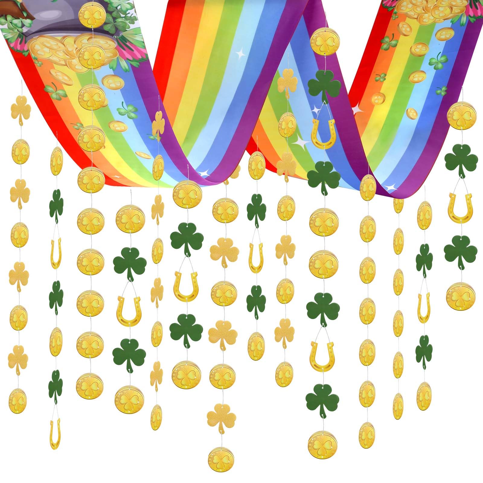RGISHOP St. Patrick's Day Rainbow Ceiling Decorations, 8.8 ft Leprechaun Hat Decor, Pot of Gold Shamrock Bunting Garland for Irish Party Supplies