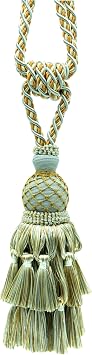 DECOPRO Lavish Large Curtain & Drapery, Hand Crafted Tassel Tieback, Tassel Length 11" 27.5cm, 34" 86cm # TBIL1, Golden Ice Blue #403 Light Blue, Yellow Gold, White Ivory Sold Individually