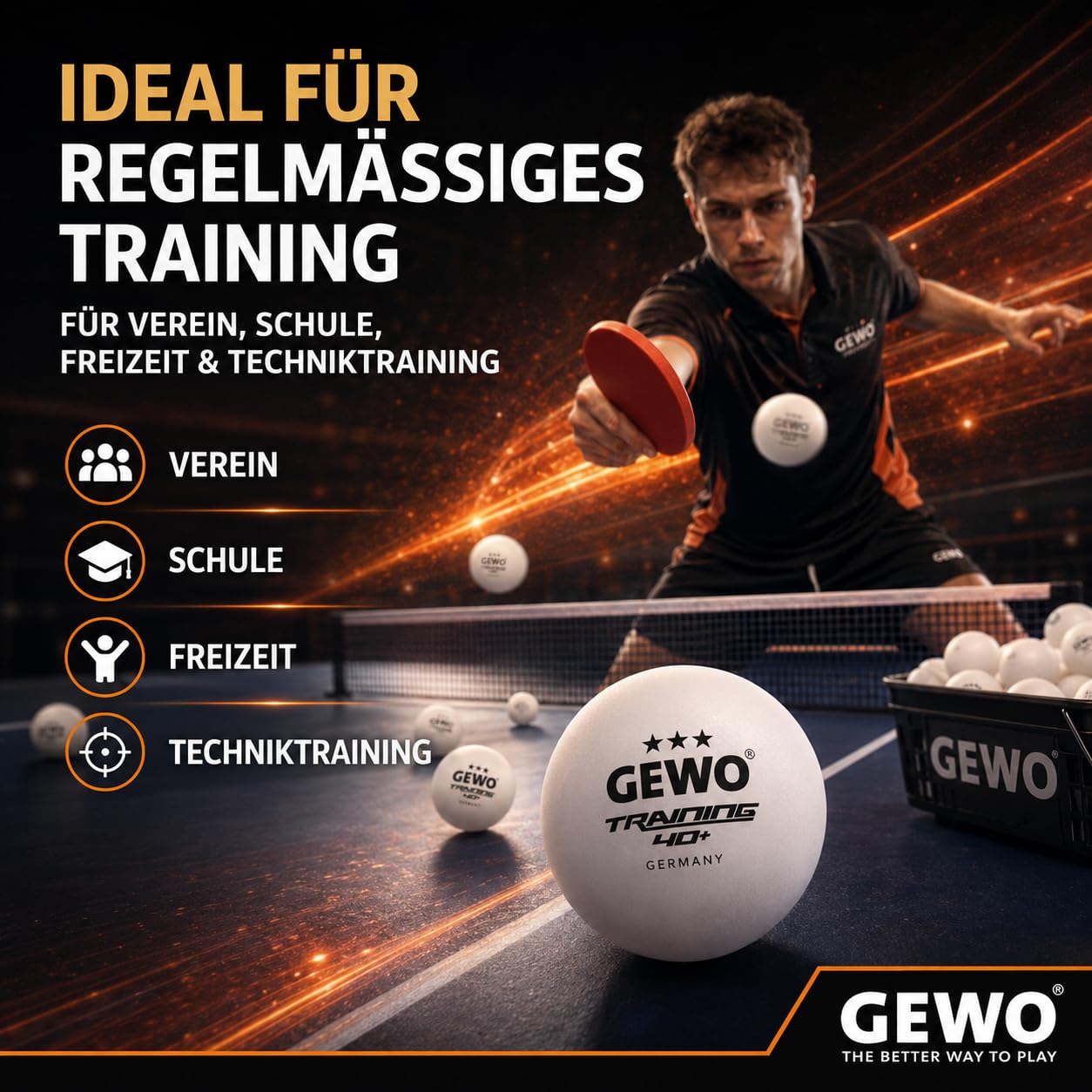 GEWO Piłki do tenisa stołowego do treningu 40+ – 3 gwiazdki z tworzywa sztucznego ABS ze szwem – wysokiej jakości plastikowa piłka treningowa, średnica 40 mm, opakowanie zapasowe, 12 sztuk