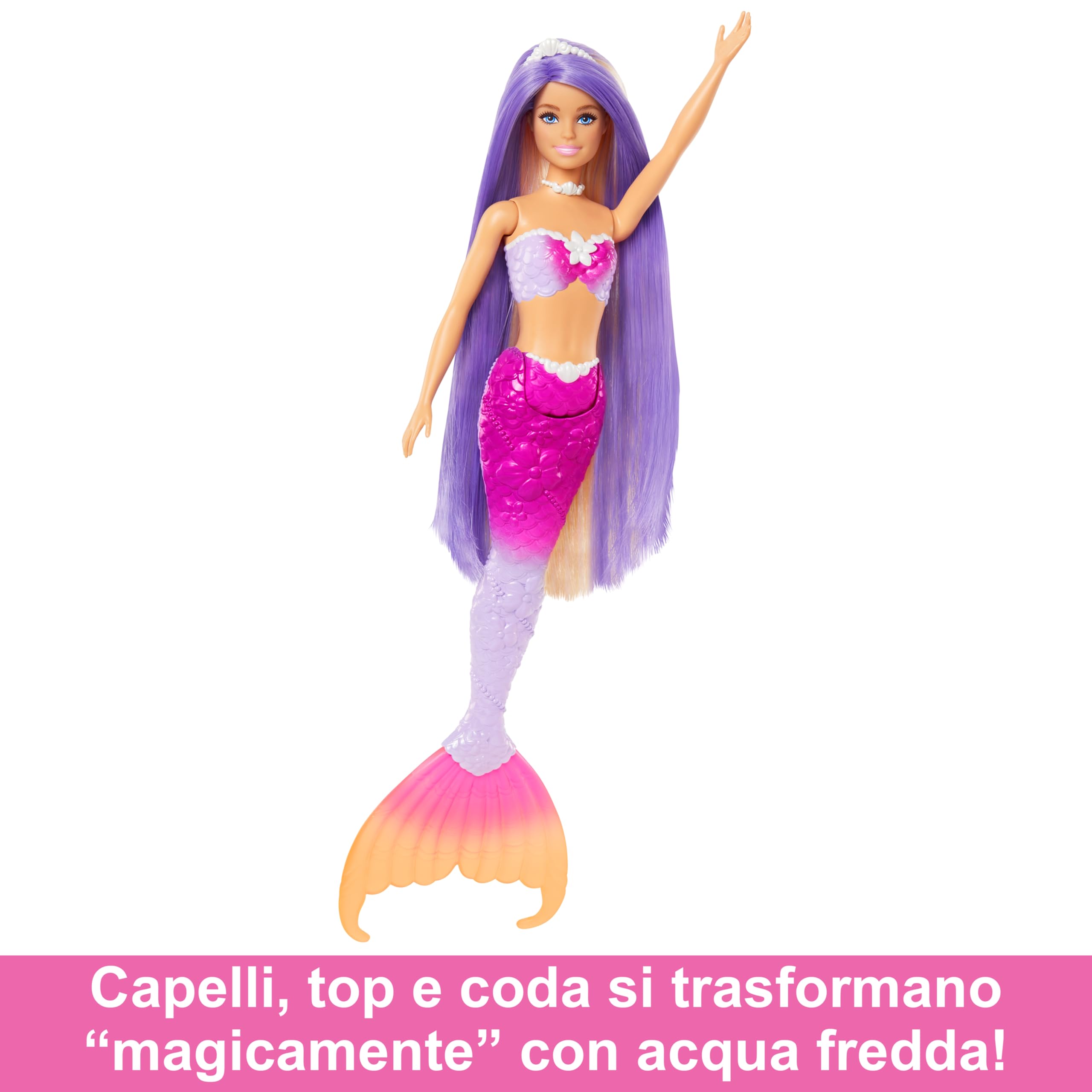 Barbie - Malibu Sirena, bambola con capelli rosa e accesory per lo styiling, funzione cambia colore in acqua, cucciolo di delfino incluso, giocattolo per bambini, 3+ anni, HRP97