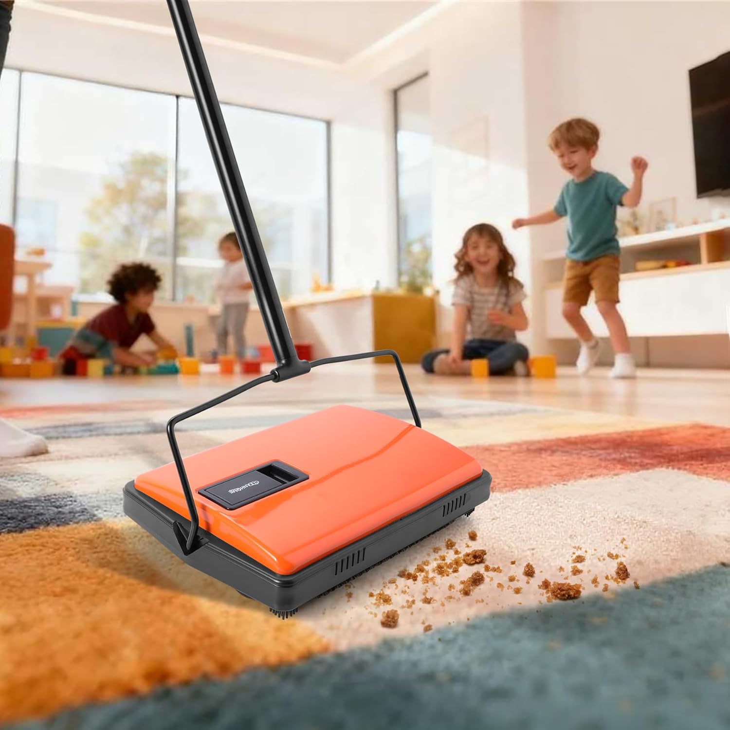 CLEANHOME Manual Carpet Sweeper for Pet Hair - Rotating Brush Floor Sweeper, Lightweight Push Broom for Classroom Rugs, Non-Electric Lint & Crumb Cleaner, Easy-Dump Dustbin, No Batteries Needed