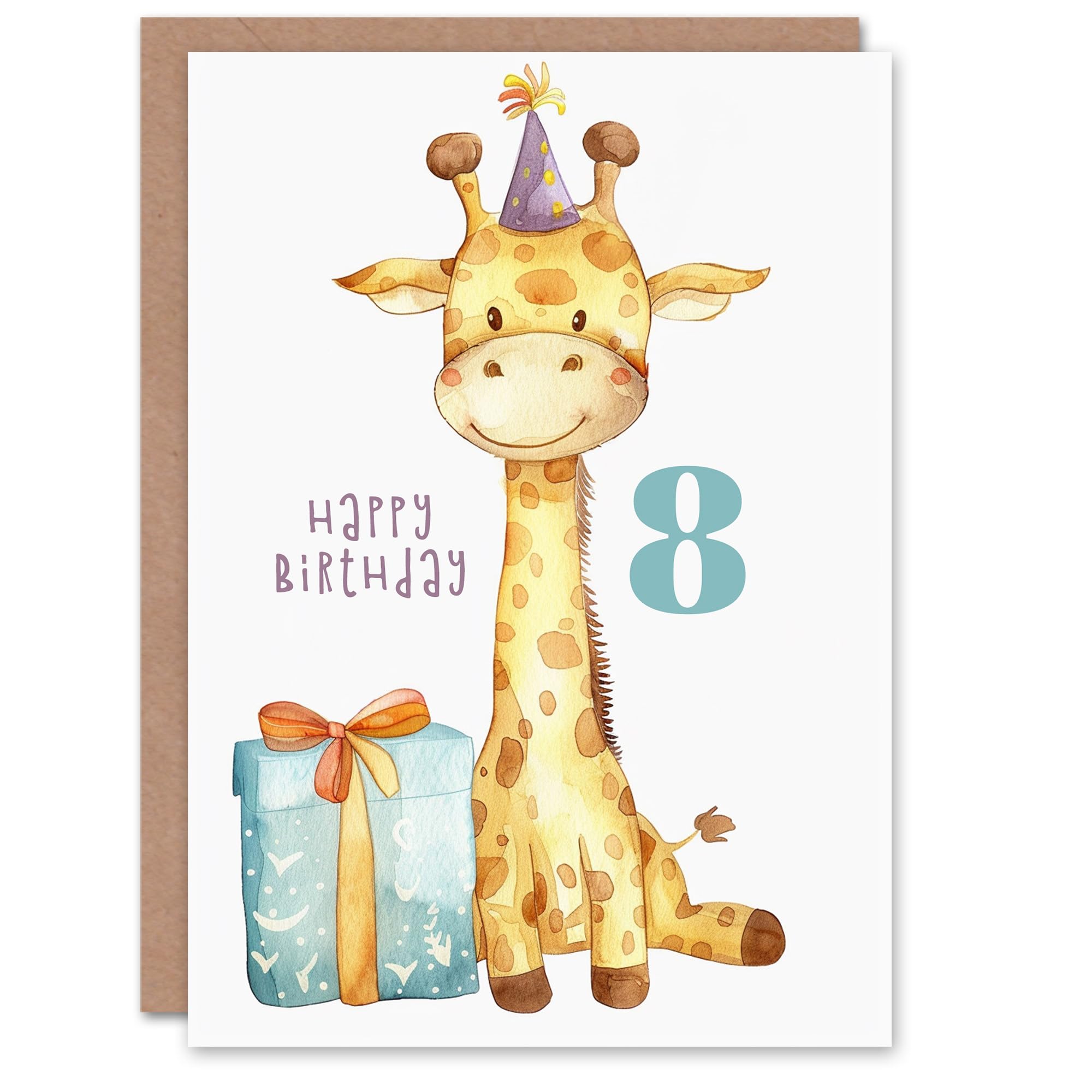 Artery8 8th Birthday Card Cute Baby Giraffe in Party Hat Cartoon Kids Age 8 Year Old Child For Son Daughter Girl Boy Happy Card
