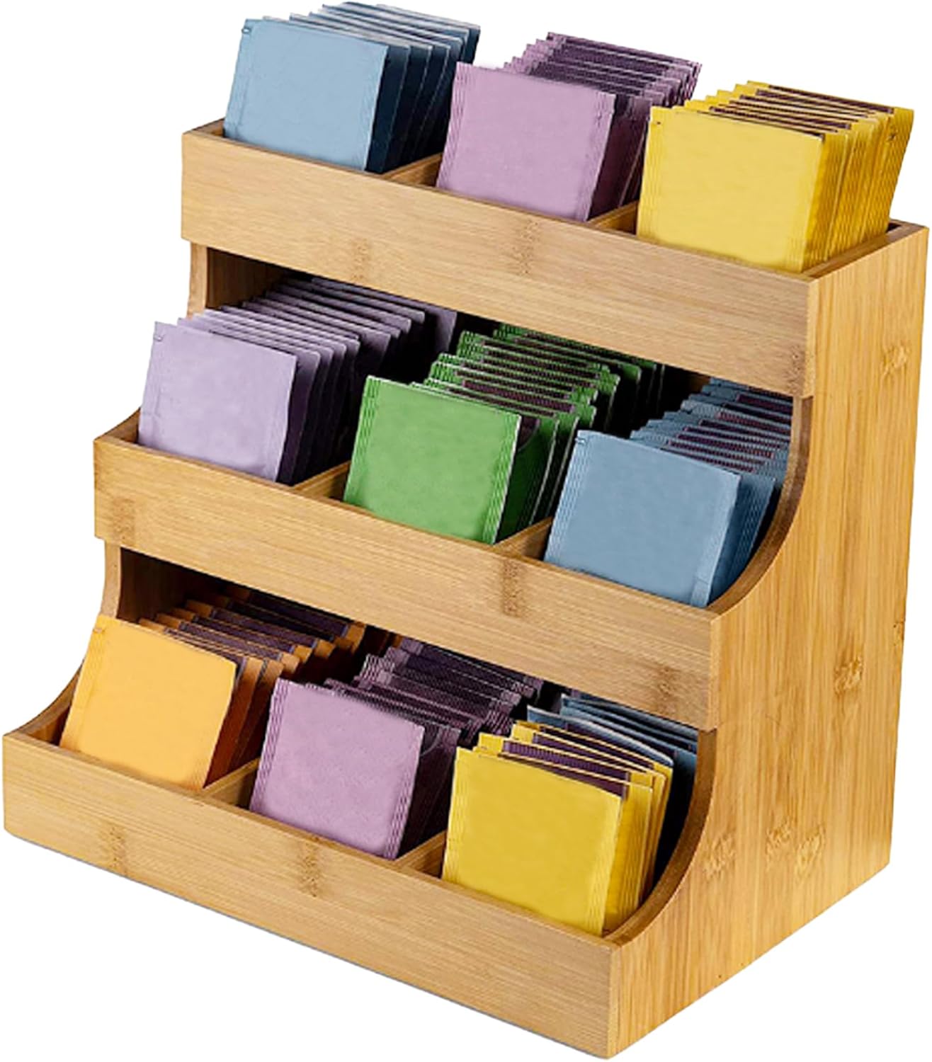Tea Bag Organiser Holds 180 Tea Bags Organizer Vertical 3 Layer Wooden Caddy Box Elegant Bag Holder for Cafe Sugar Packet Creamers