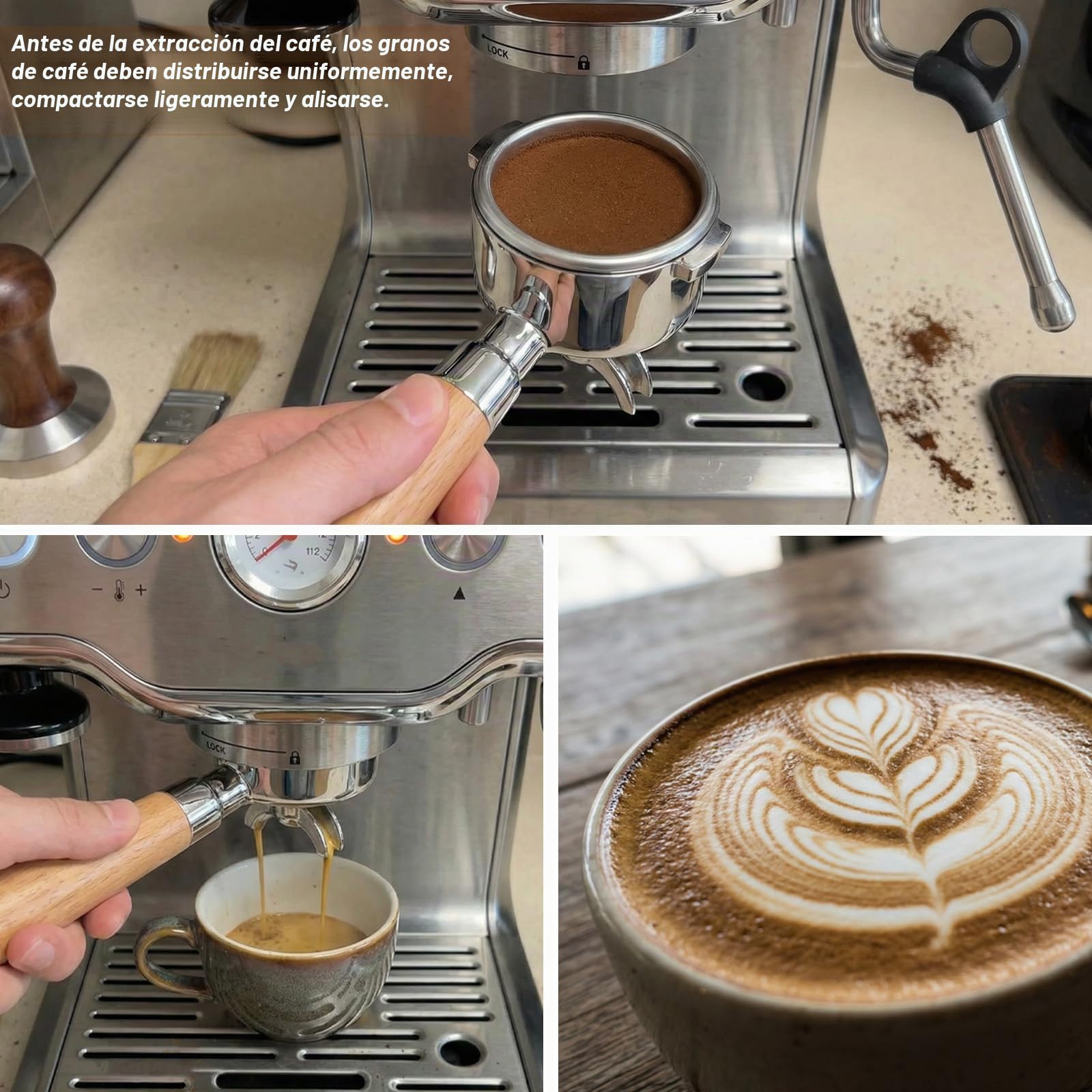 Portafiltro de 51 mm para cafetera DeLonghi EM450M, 3 orejas 4mm de espesor, Para Casabrews CM5418/Cecotec Power Espresso 20, soporte de filtro de acero inoxidable con mango de madera premium