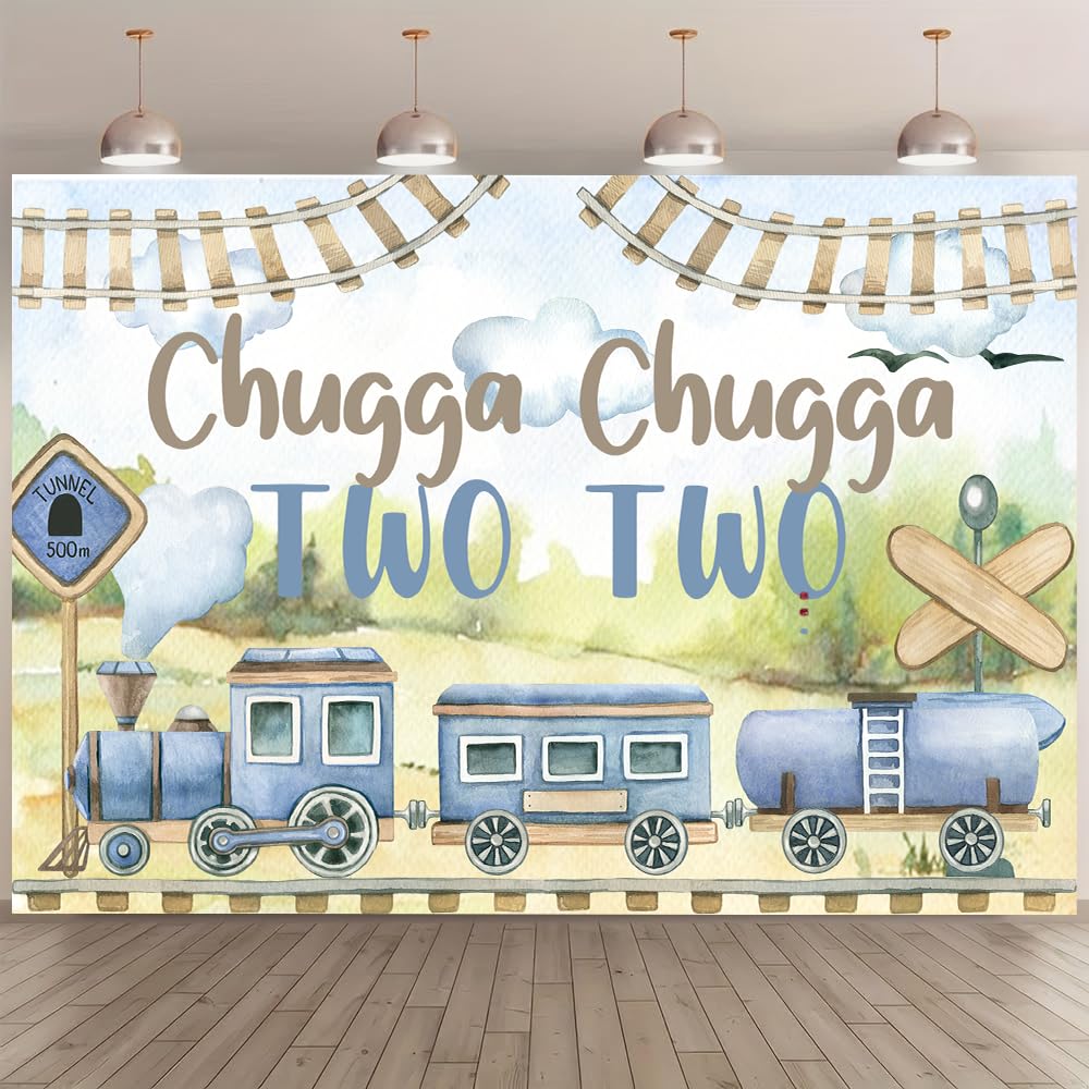 Train 2nd Birthday Party Supplies,Chugga Chugga Two Two Birthday Decotations, 2nd Train Birthday Party Decoration 2 Year Old， Train Theme 2nd Birthday Backdrop Banner。