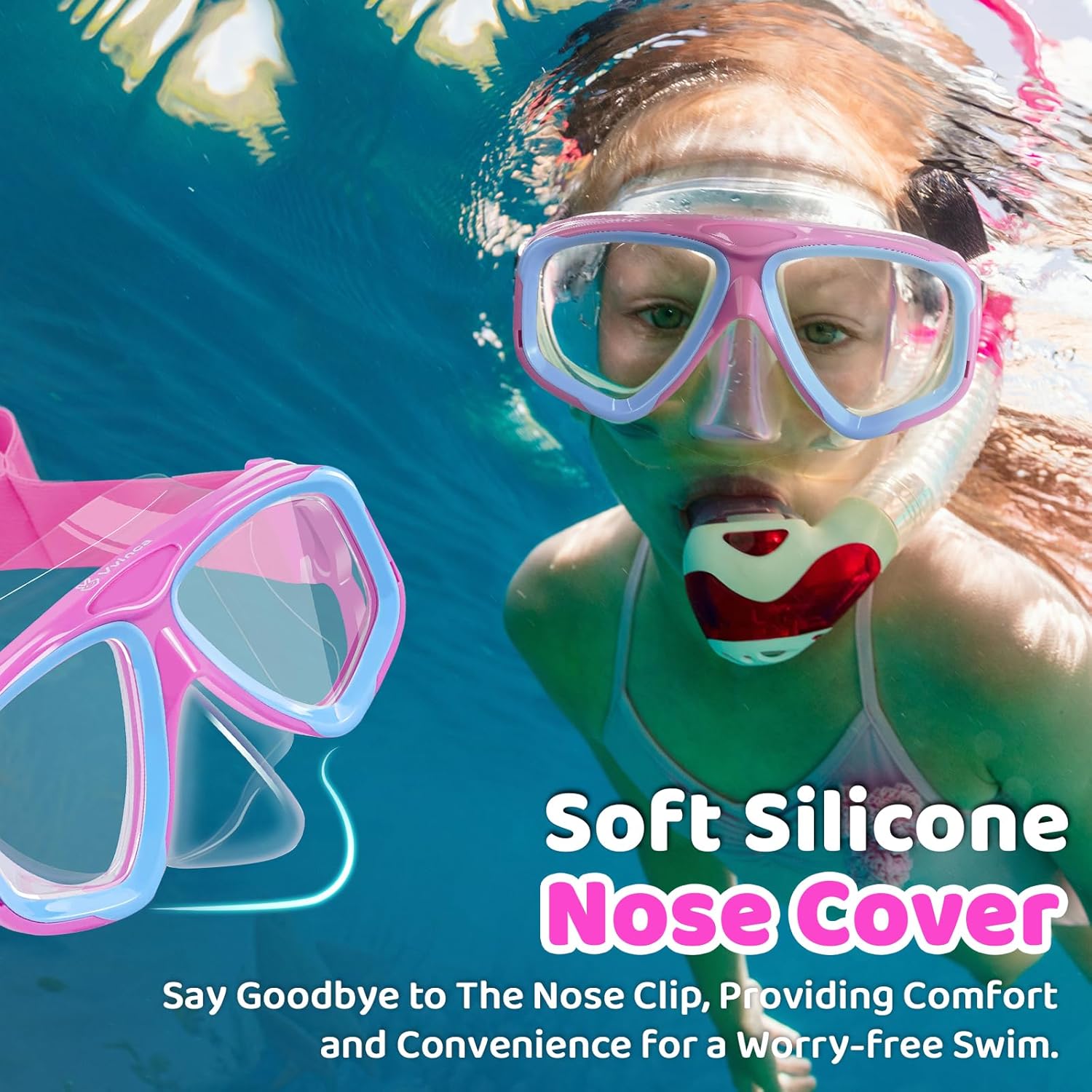 Vvinca Kids Swim Goggles with Nose Cover & Fabric Strap Anti-Fog Swimming Goggles for Boys Girls 3-14 Tangle-Free Design