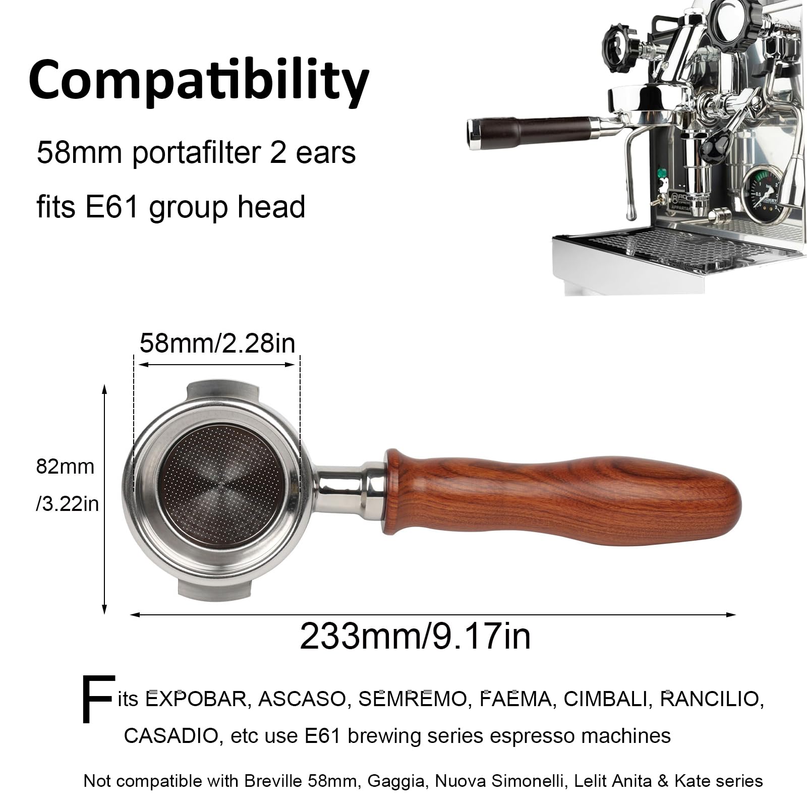 CAPFEI Portafiltro sin fondo de 58 mm con 2 ojales para cabezal de preparación E61, mango de madera
