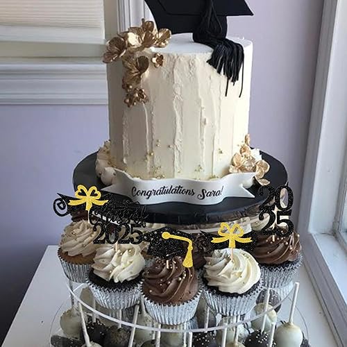 Miniatura 5 de Paquete de 36 adornos para cupcakes de graduación de clase 2023 con purpurina para diploma de graduación 2023, decoraciones para cupcakes de