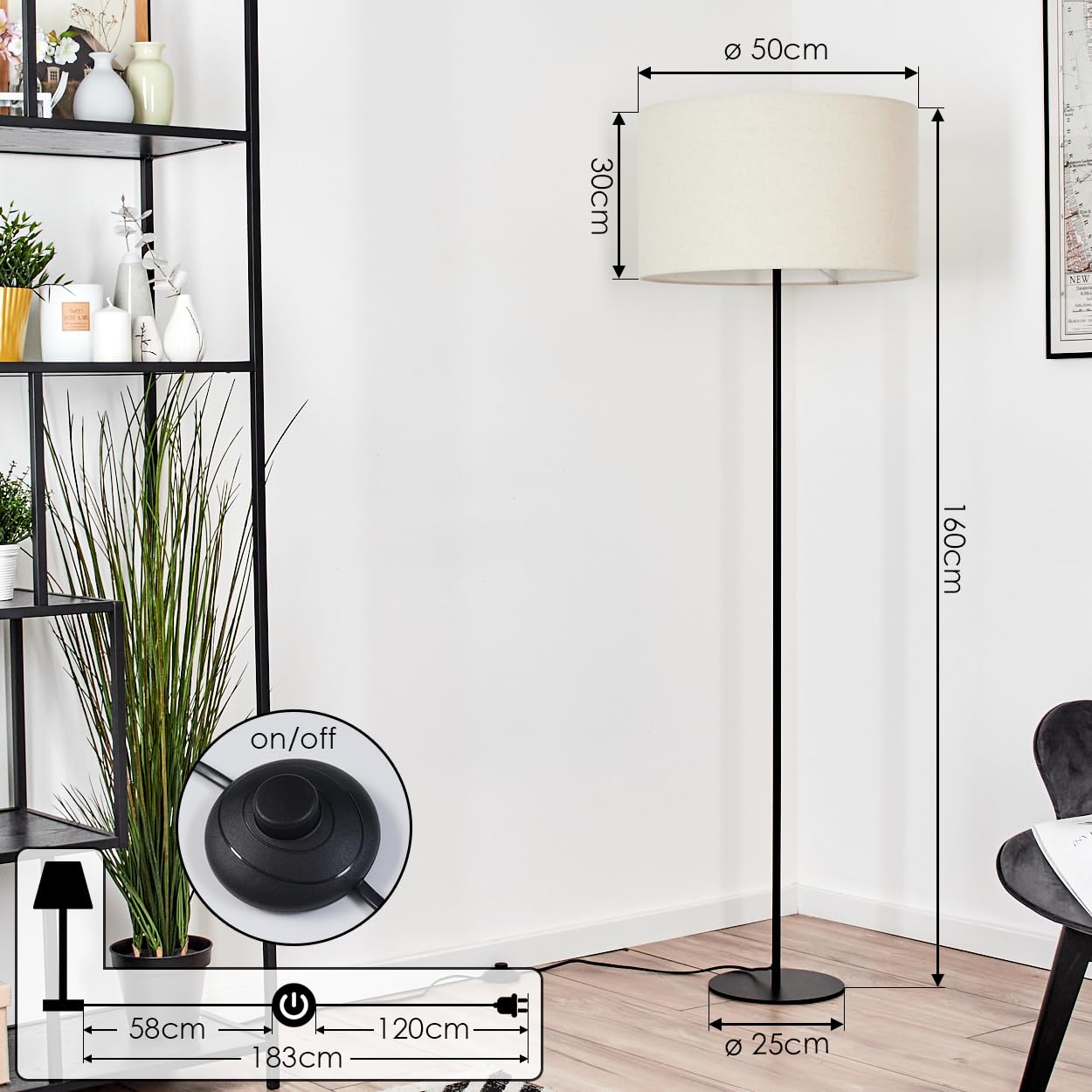 HOFSTEIN Stehleuchte Flemming, Stehlampe aus Metall im modernen Design mit Schirm aus Stoff, Ø 50 cm, 160 cm, E27, mit Fußschalter - Wohnzimmer, Schlafzimmer, Esszimmer, Flur
