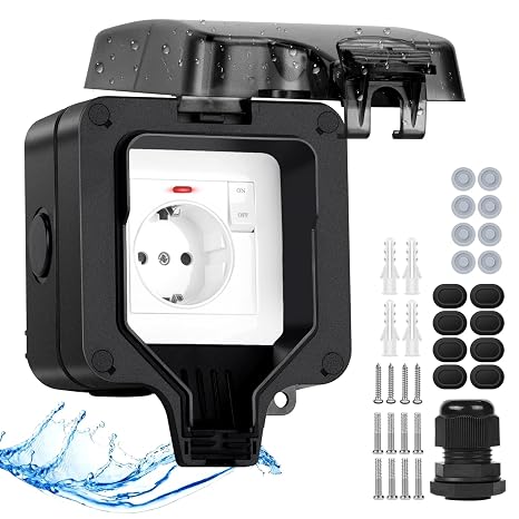 Upgrade Outdoor Socket Waterproof Socket IP66 with Switch Indicator Light Anthracite Outdoor Socket Surface-Mounted Weatherproof Outdoor Socket Garden Socket Outdoor Lockable Hinged Lid 1 Compartment