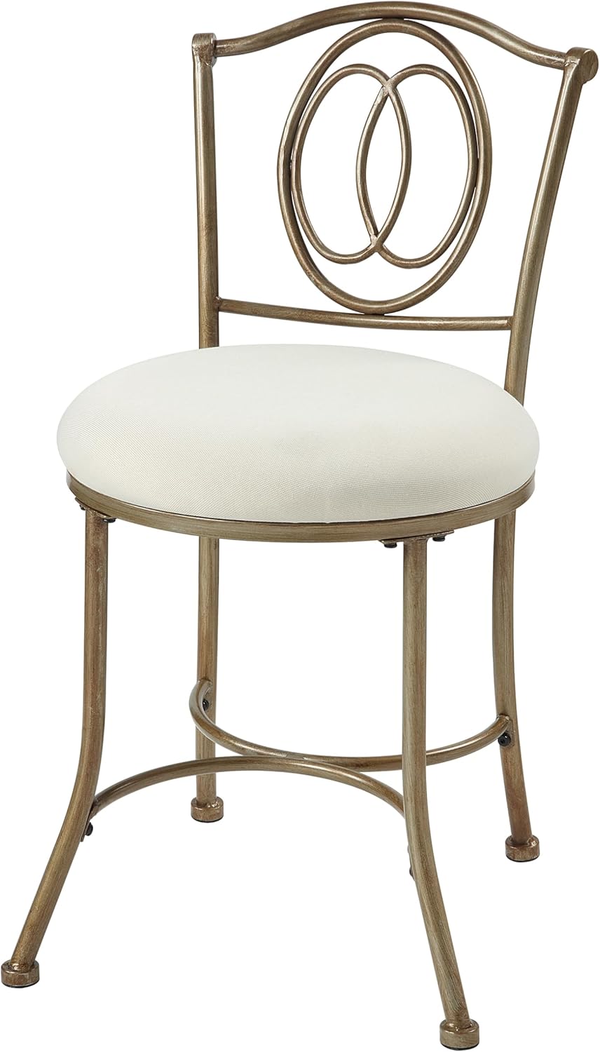 Gold Metal Vanity Stool – Cream White Upholstered Seat, Decorative Backrest, Foam Cushion – Glam Bathroom or Bedroom Makeup Stool with Golden Bronze Iron Frame