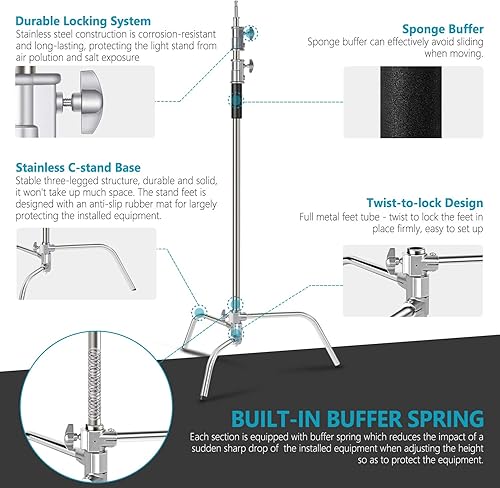 Miniatura 16 de NEEWER Soporte de luz Pro 100% metal C con ruedas, altura máxima 10.8 pies/129.9 in soporte reflector ajustable con brazo de pluma de 4 pies/47.2 in