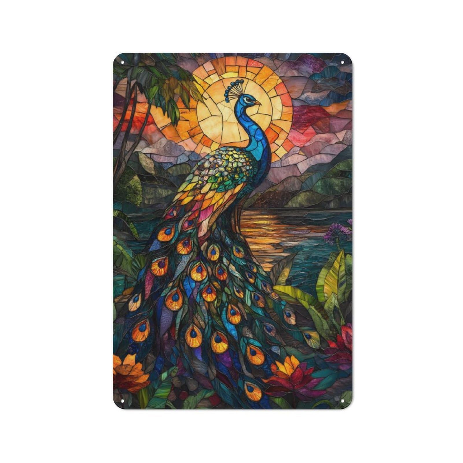 Tin Sign 30x20cm with Peacock Stained Glass Sunset for Workshop Wall, Rustic Decor, Suited to Workshop Decor Fans