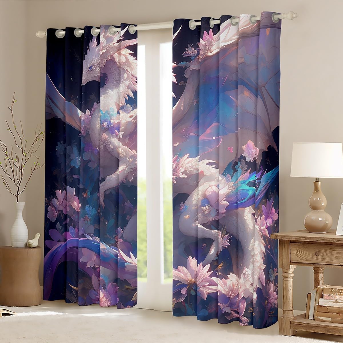 Dragon Curtains Blackout 30%-50%,Dreamy Cartoon Animals Window Drapes,Watercolor Flowers Window Treatment Grommet Top 2 Panels Decor,52Wx96L