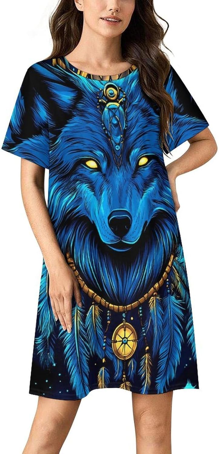 Wolf Dreamcatchers Nightgowns for Women Short Sleeve Sleep Dress Casual Sleepshirt Night Gowns Pajamas