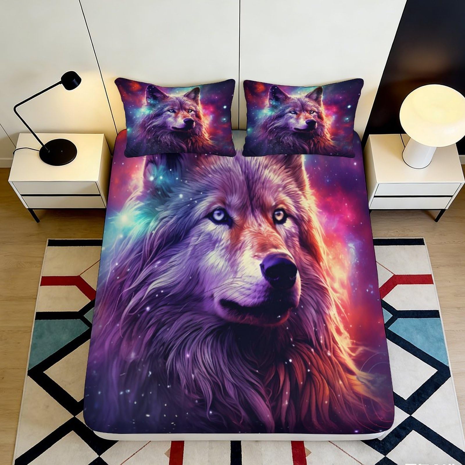 3D Printed Galaxy Wolf Fitted Sheet Microfiber Soft Breathable Cosmic Nebula Mattress Cover for Bedroom Decor 200x200x25cm