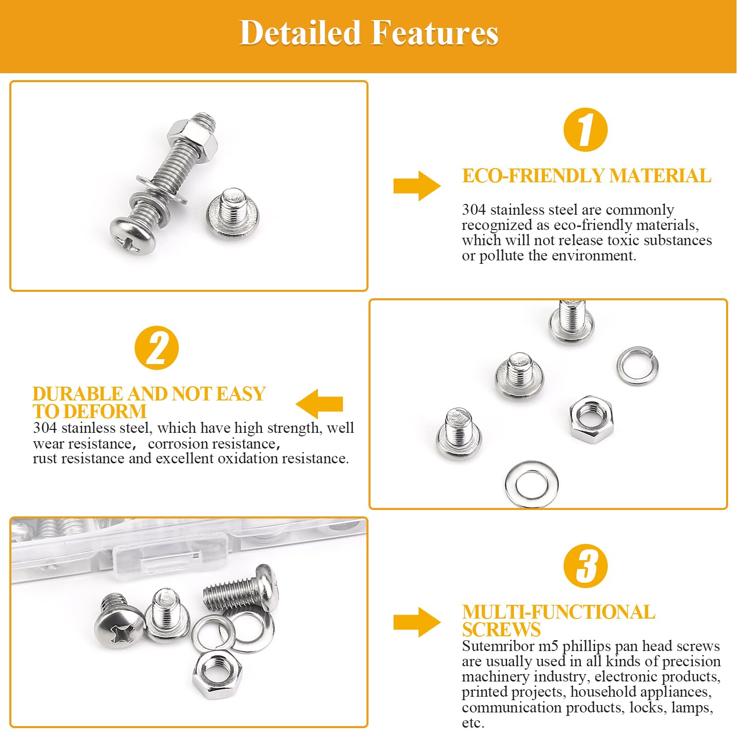 242 Pieces M5 Machine Screws Nuts Washers Set, Sutemribor M5 x 8/10/12/16/20/25/30mm Phillips Pan Head Machine Screws Nuts Washers Assortment Kit, 304 Stainless Steel, Fully Threaded