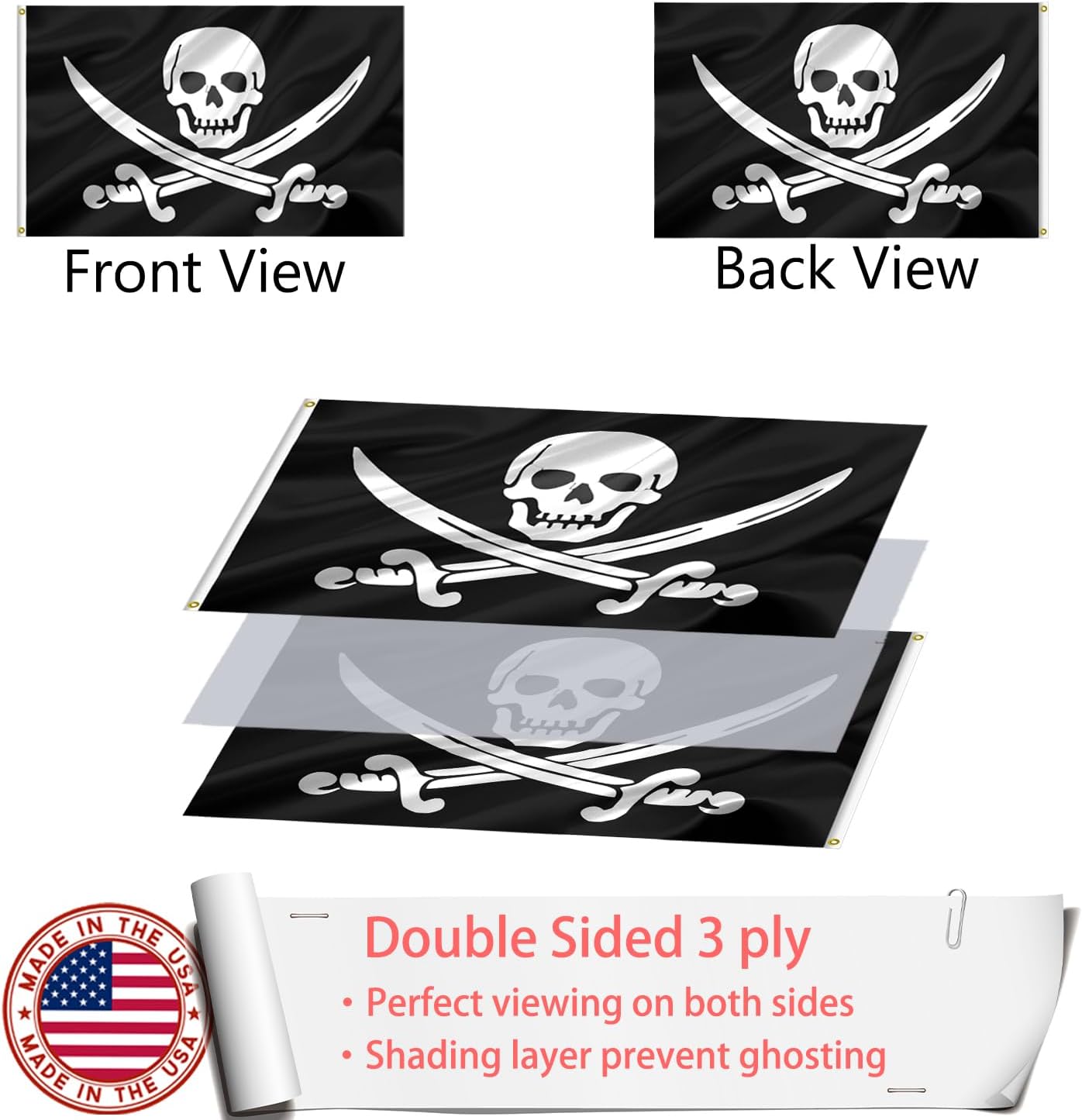 ZEKVY Pirate Flag 4x6 Outdoor Made in USA - Double Sided Heavy Duty Vivid Color Jolly Roger Flag with 2 Brass Grommet