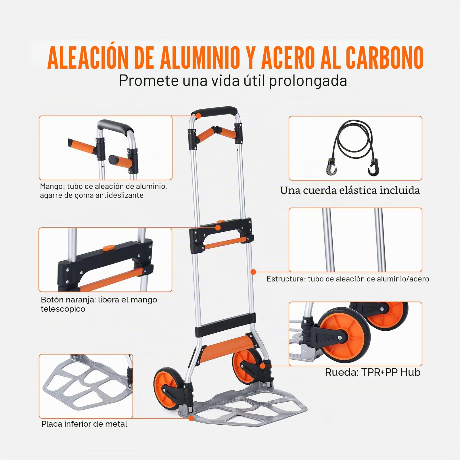 VEVOR Carretilla de Mano Plegable de Aluminio Carga de 140 kg Carro de Mano de Alta Resistencia con Ruedas de Goma Mango Telescópico para Transporte Doméstico, Mercancías de Almacén Supermercado