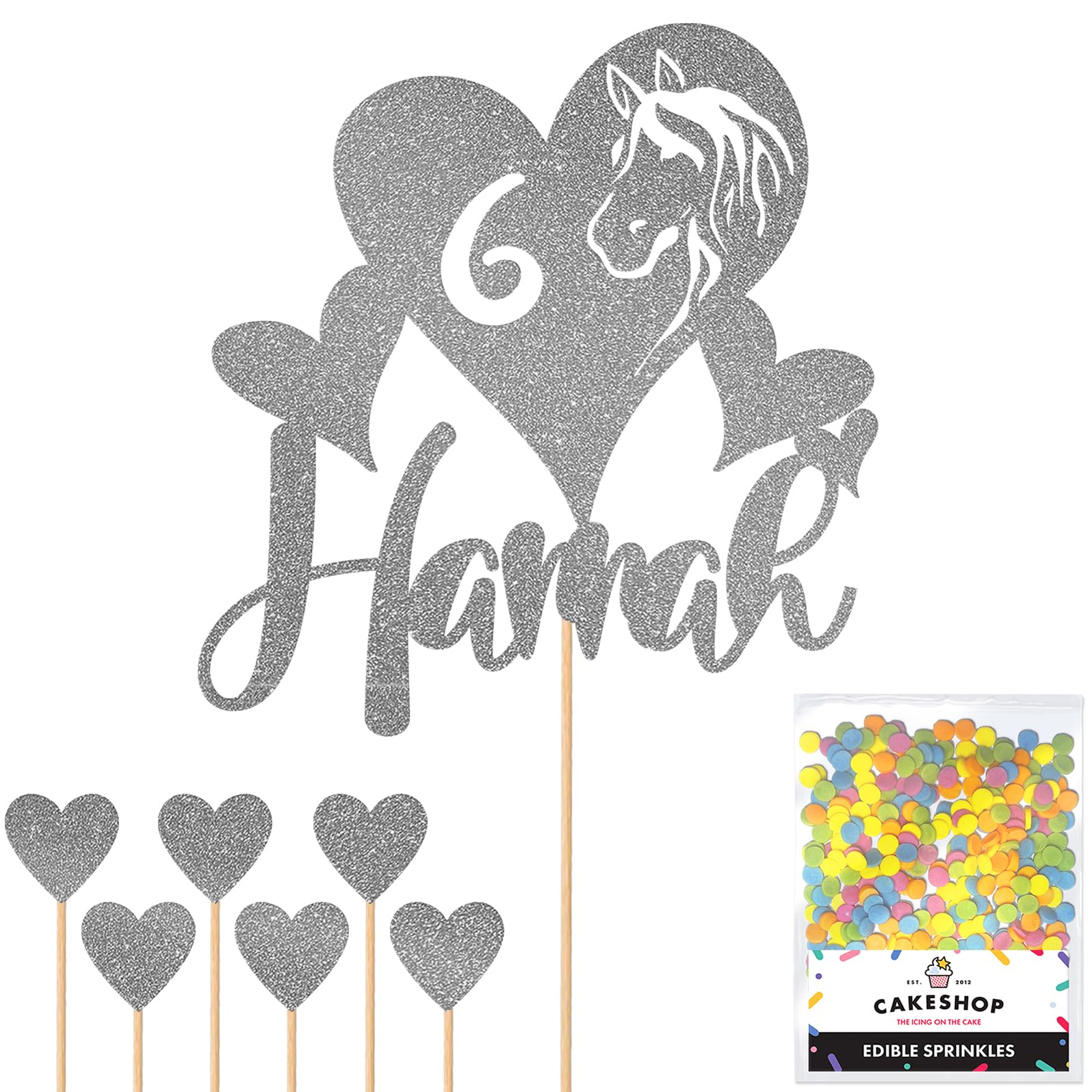 Personalised Horse Pony Love Heart Glitter Cake Topper - Dark Silver Custom Age & Name Glitter Cake Decoration and Sprinkles - Happy Birthday Decorations - Personalised Toppers for Cakes by Cakeshop