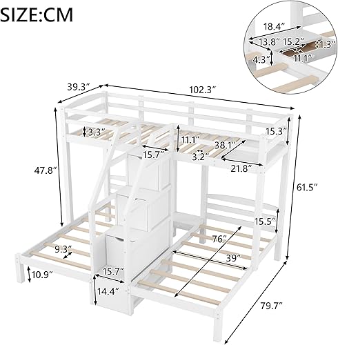 Miniatura 63 de Litera triple de madera maciza con cajones de almacenamiento y escalera, base de litera resistente con barandillas de protección para niños y